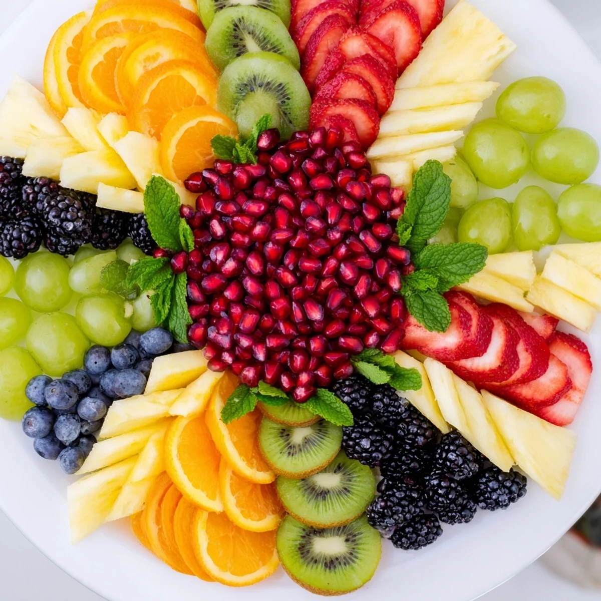 Bright, eye-catching Pomegranate Starburst Platter with a beautiful array of fresh, healthy fruits to enjoy.