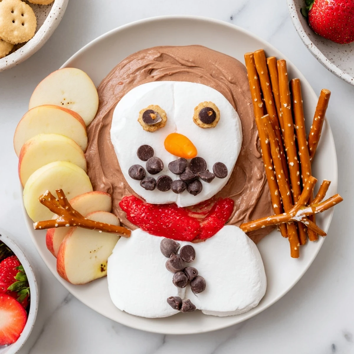 Hot cocoa dip snowman, a festive dessert, shaped with pretzel arms and smiling with chocolate chips.