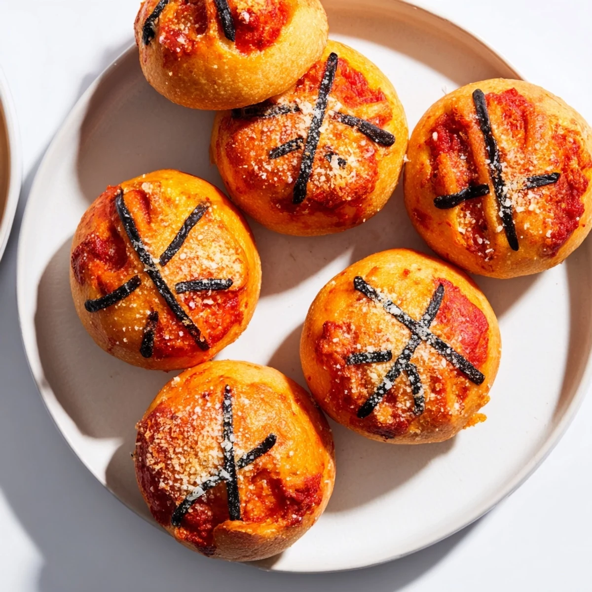 Golden brown Basketball Pizza Bites arranged on a baking sheet, ready for a delicious game-day snack.