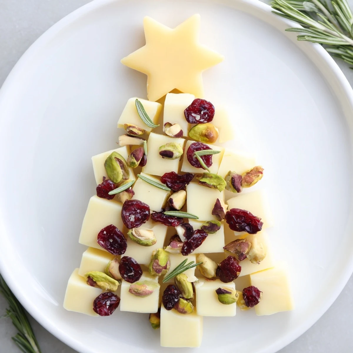 Festive Cranberry White Cheddar Tree appetizer: cubes of cheese with bright red cranberries and pistachios.