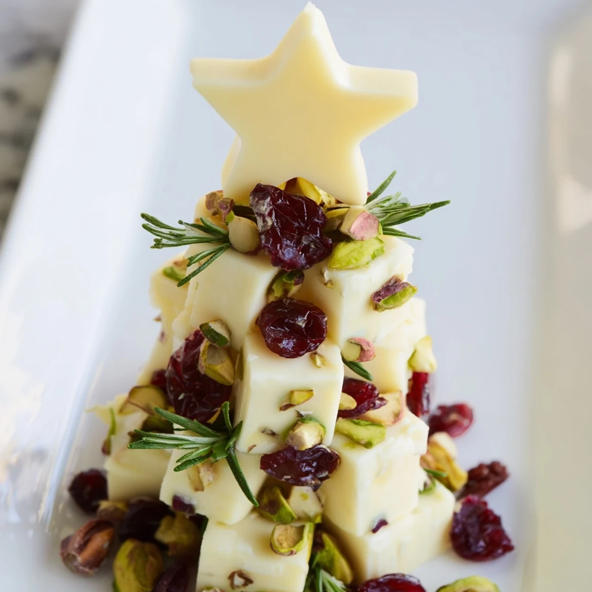 Close-up of a delightful Cranberry White Cheddar Tree, ready to serve with crackers for guests.