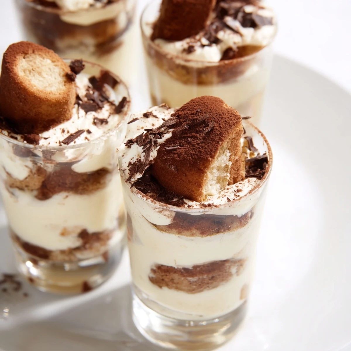 Countdown Tiramisu Shots: Layers of creamy mascarpone and coffee-soaked ladyfingers, dusted with cocoa for dessert.