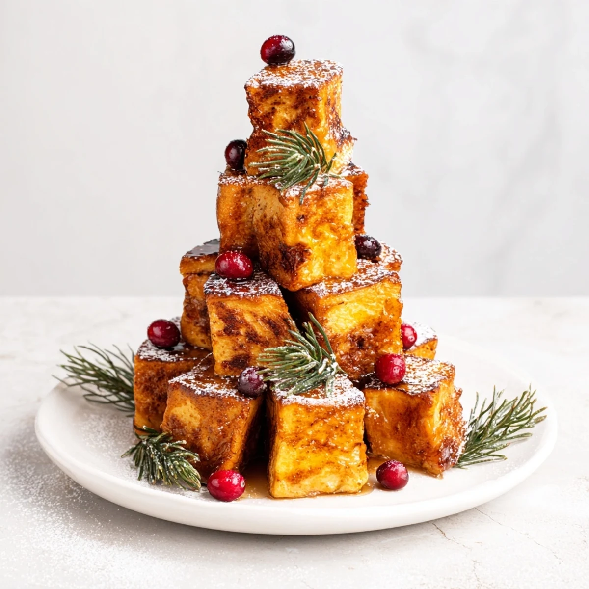 Golden Eggnog French Toast Bites Tree, perfectly stacked and ready, with rosemary "branches" and berries.
