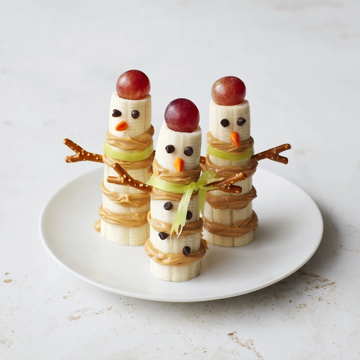 Adorable Banana Peanut Butter Snowmen are festively decorated with chocolate chips, perfect for a kids' snack.