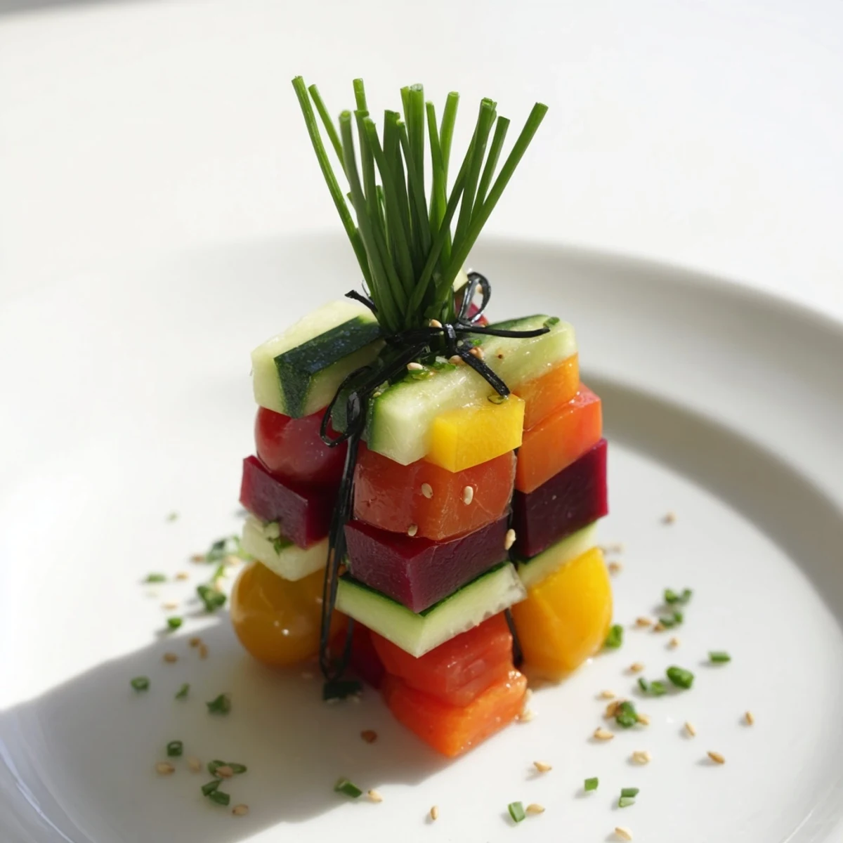 Festive stacked gift box veggie cubes, a colorful healthy appetizer with fresh cucumber and cherry tomatoes.