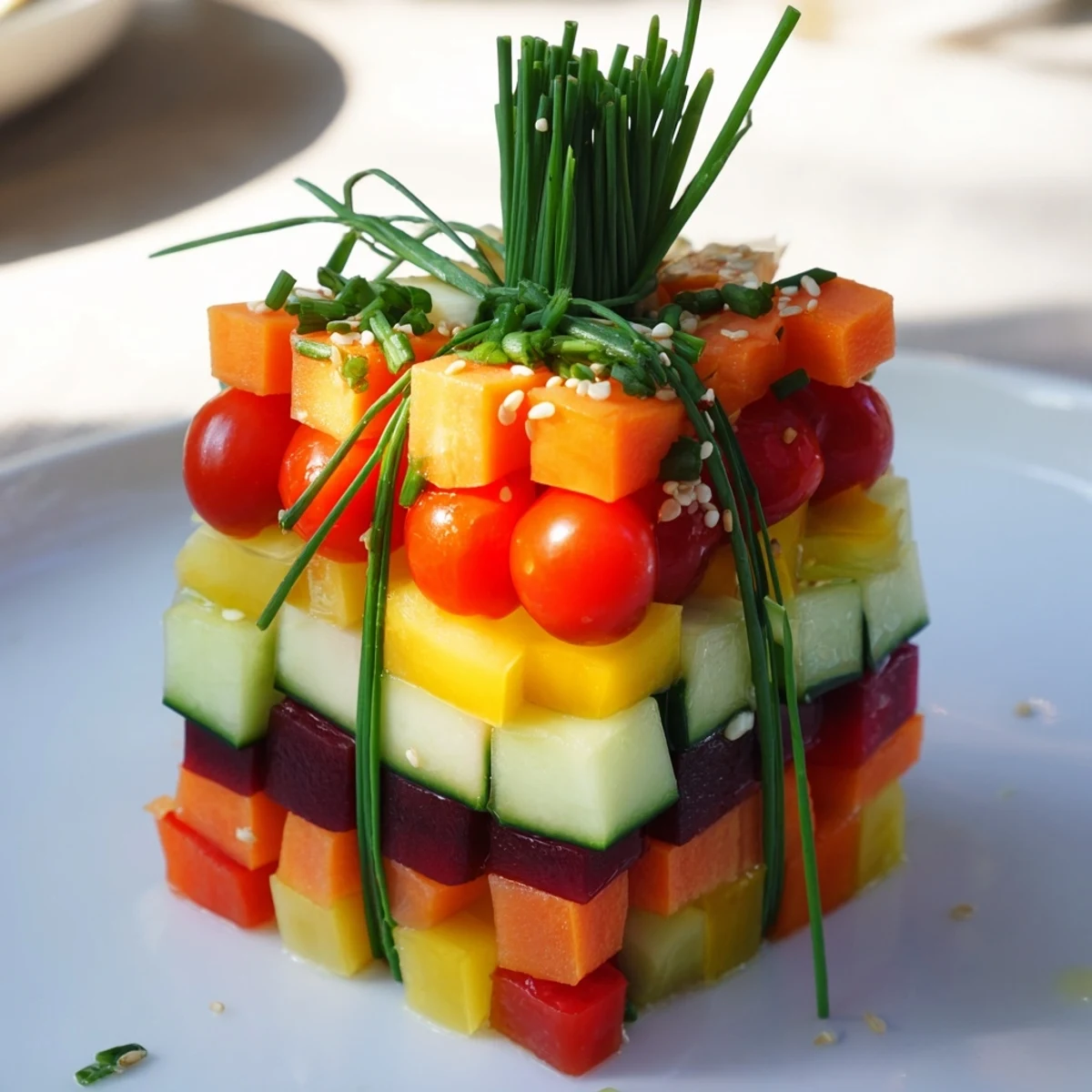 Vibrant stacked gift box veggie cubes, perfectly layered with cheese for a delightful party snack spread.