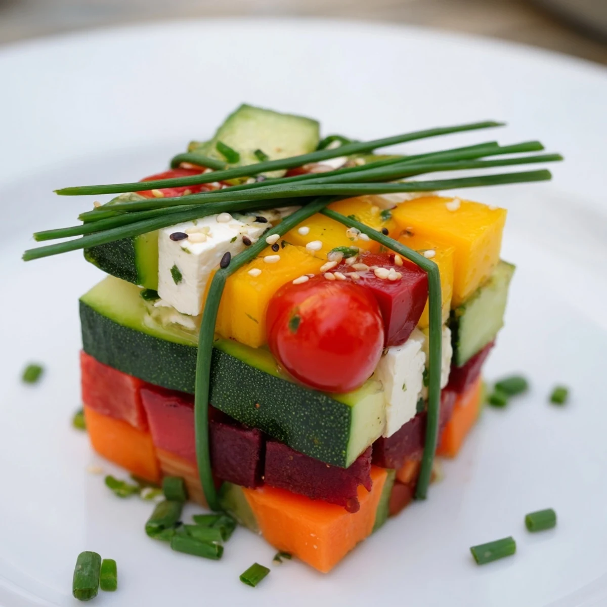 Beautifully arranged stacked gift box veggie cubes, ready to eat with bell pepper ribbons and chives.