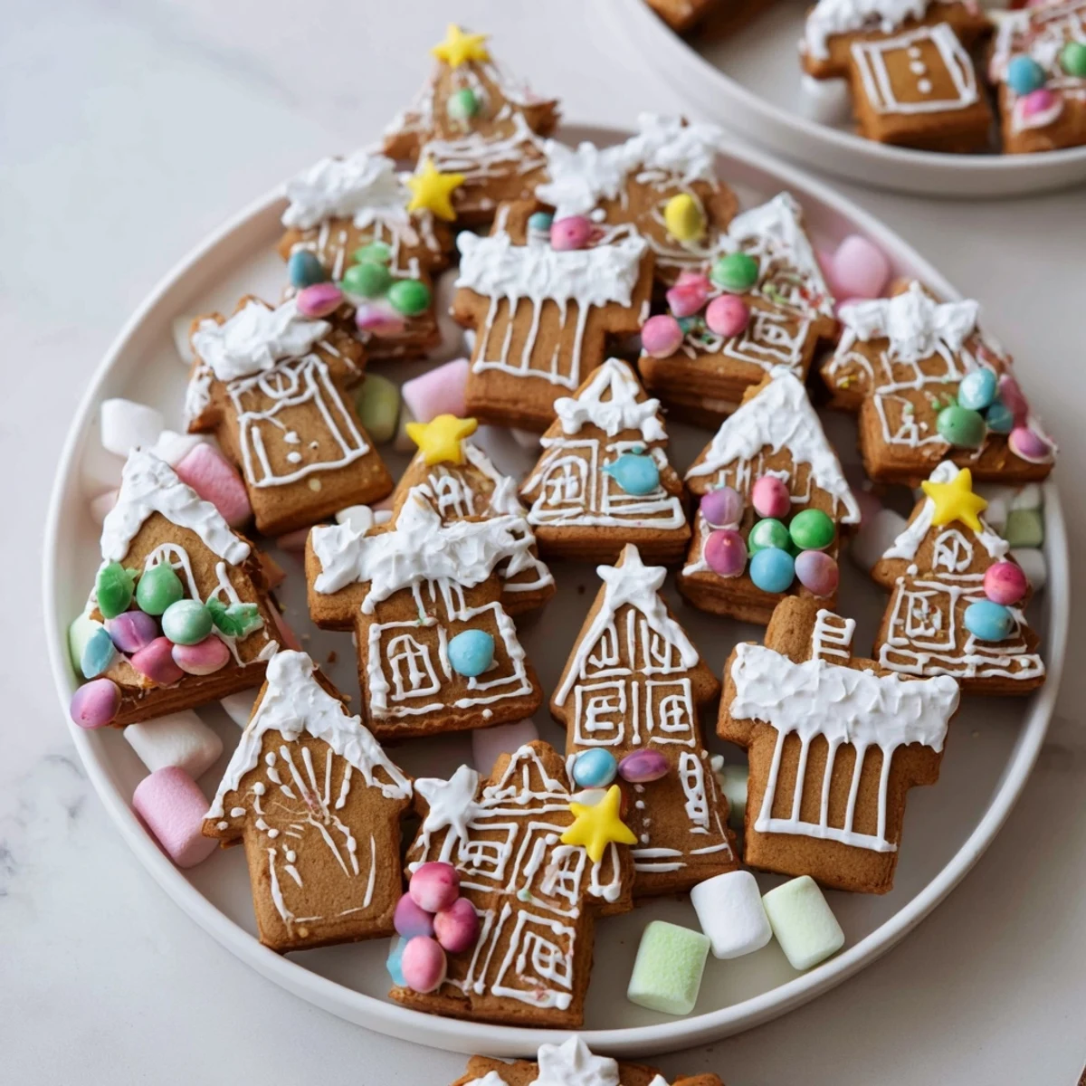 Festive gingerbread village dessert board features colorful cookies, dips, and candies perfectly arranged.