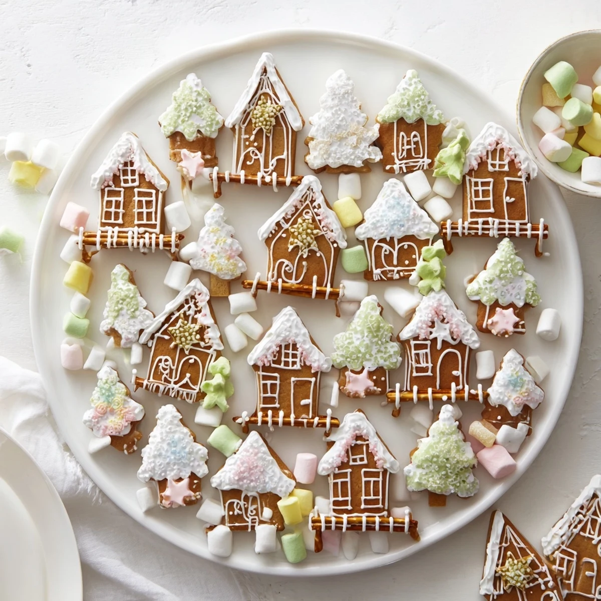 A delicious overhead view shows the charming gingerbread village dessert spread with inviting treats.