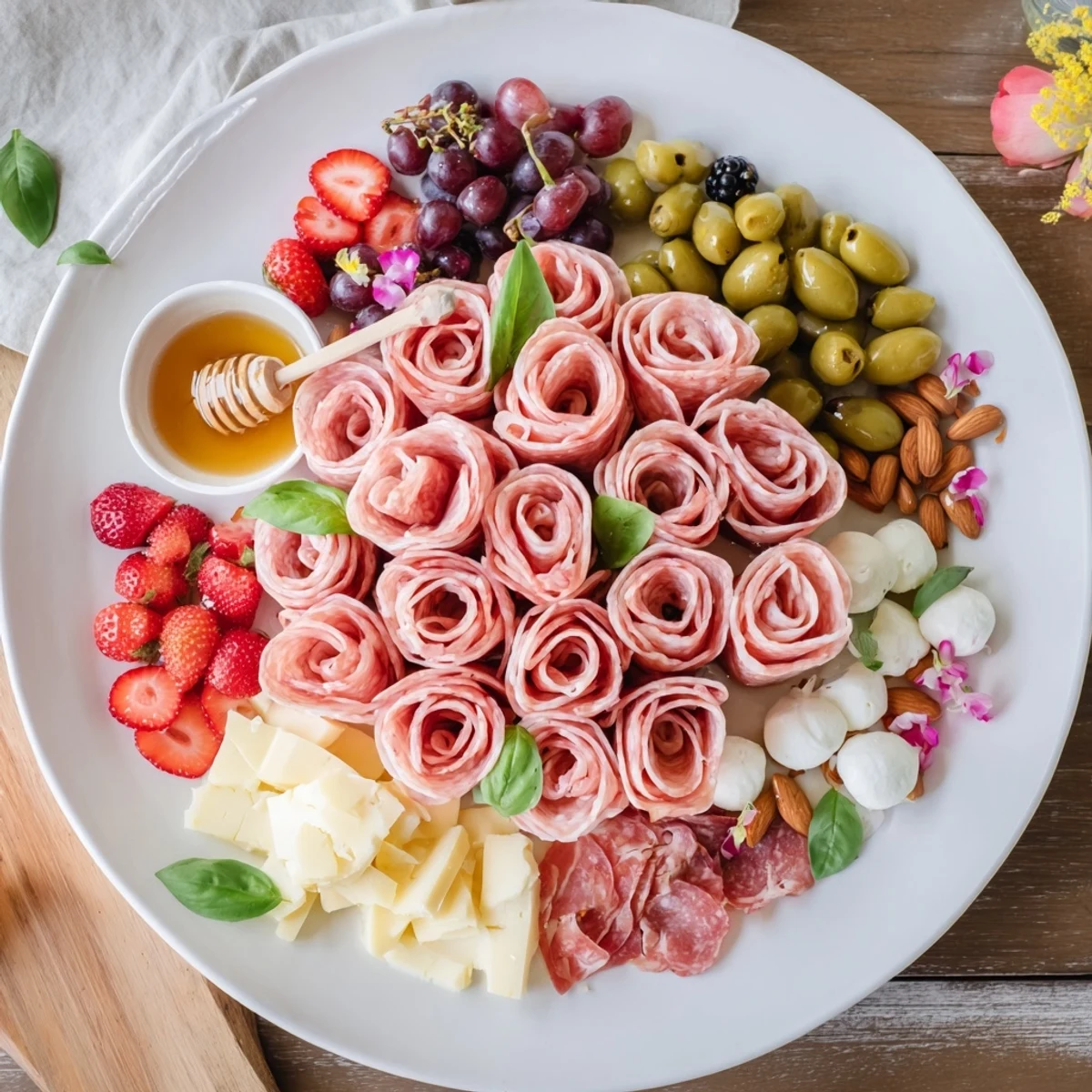 Prosciutto rose bouquet board boasting colorful fruits, cheeses, and cured meats for delightful appetizers.