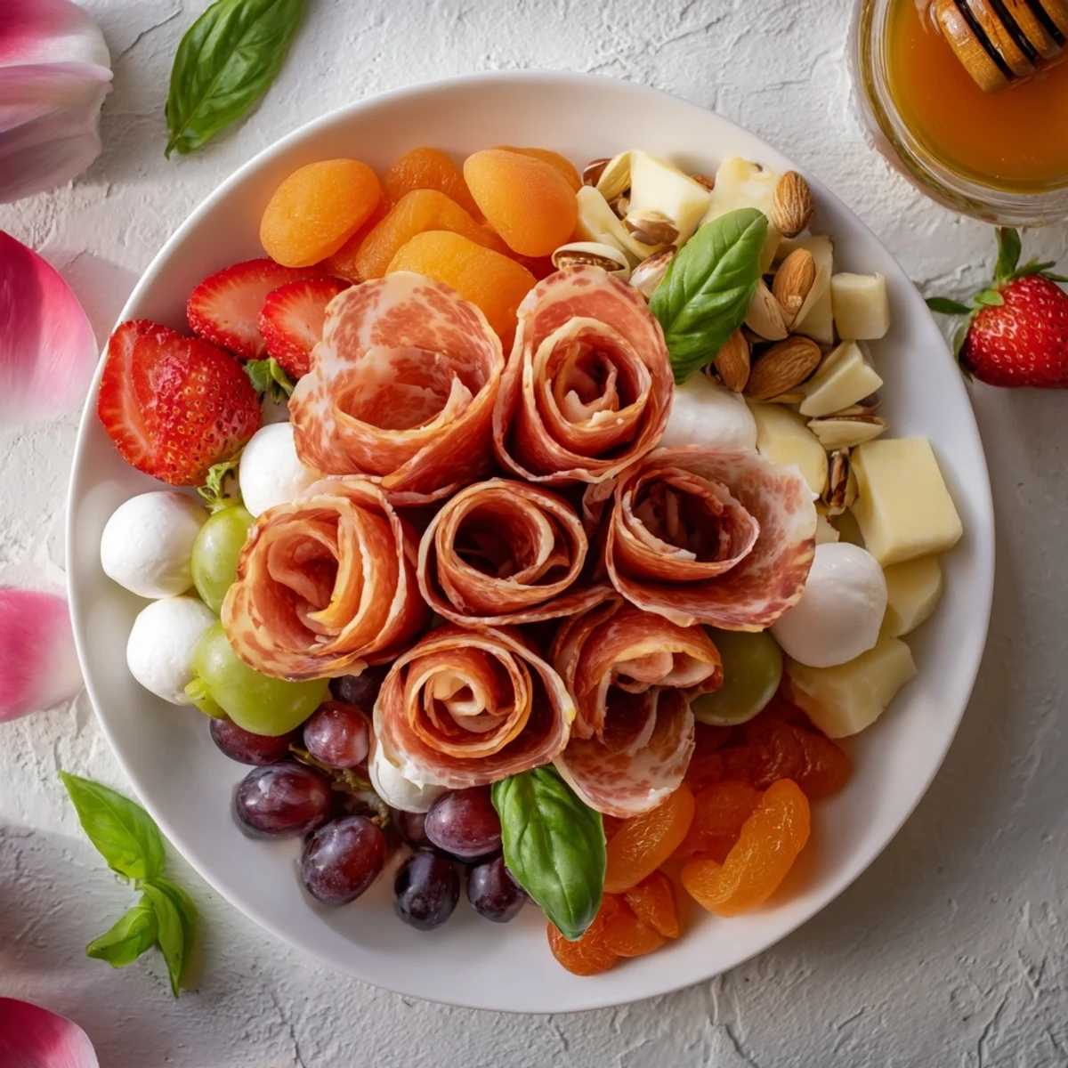 Vibrant prosciutto roses on a charcuterie board alongside cheeses, olives, and fruits, perfect for sharing.
