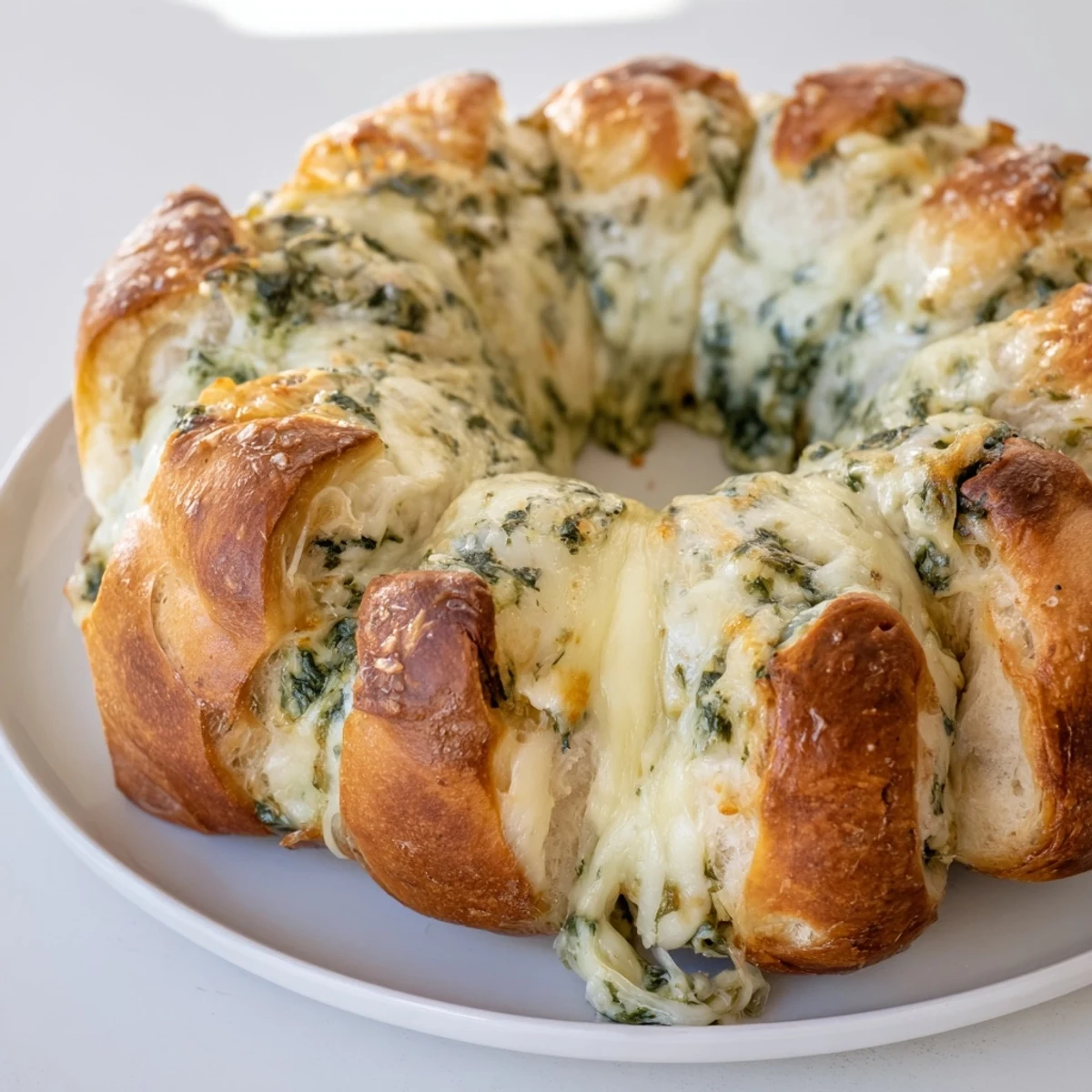 Golden, bubbly Reindeer Antler Spinach Dip Ring, featuring a creamy, flavorful spinach dip filling.