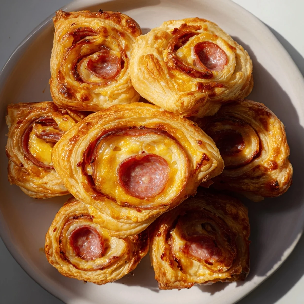 Golden, flaky Sliced Cheddar and Salami Scrolls, smelling savory and warm from the oven, ready to eat.