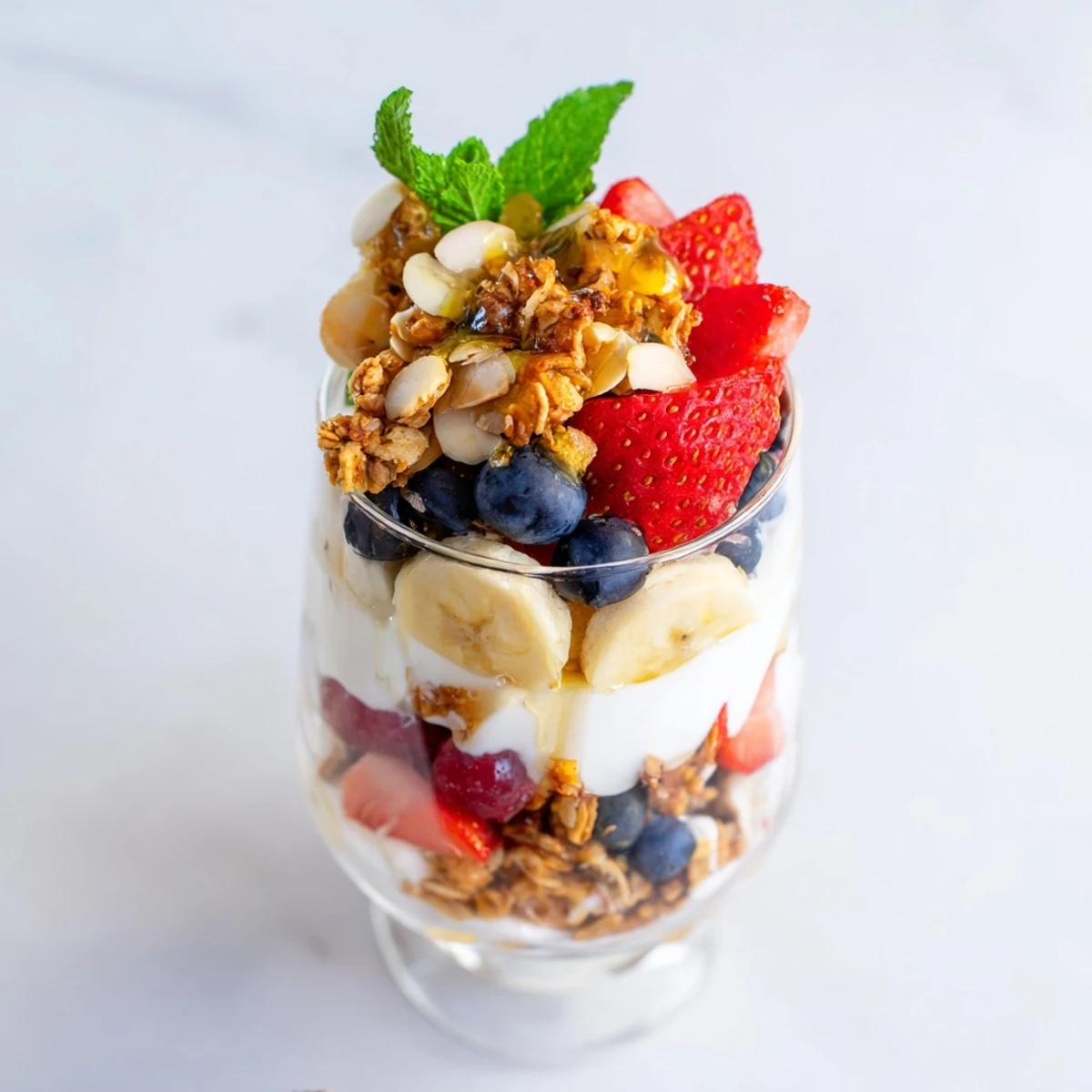 A layered yogurt and granola parfait glass with mixed berries creating a colorful, cool breakfast.