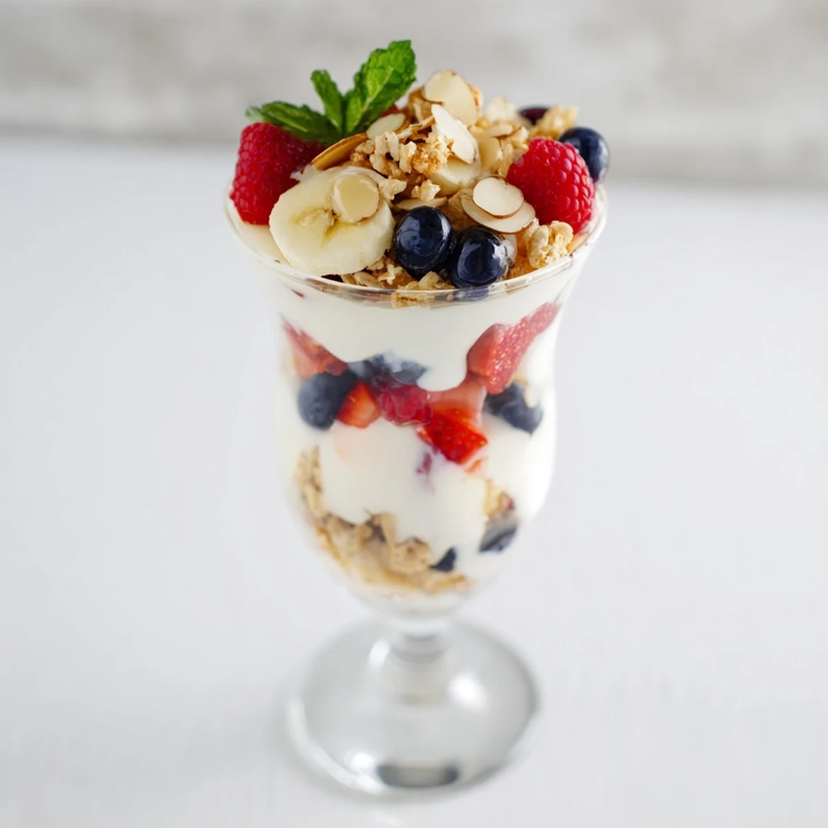 Enjoy a layered yogurt and granola parfait, topped with nuts, offering a satisfying crunch and taste.