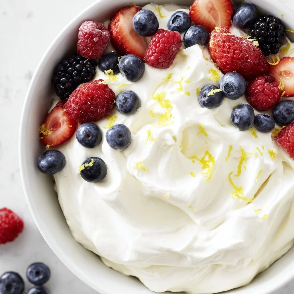 Fluffy cream cheese fruit dip with vibrant berries, a delightful snack, ready to eat now!