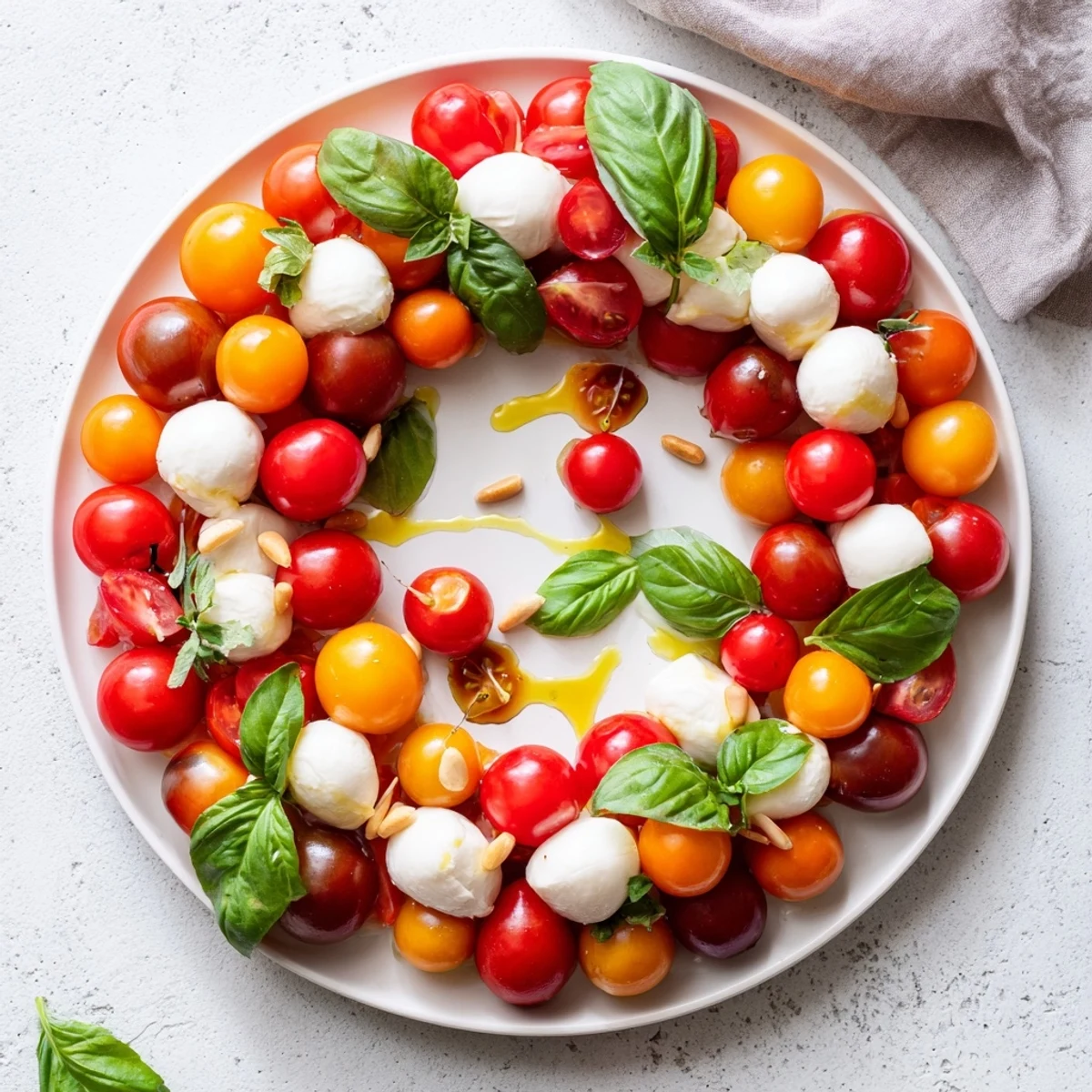 Fresh, juicy Appetizer Wreath: Cherry Tomato and Basil Ring boasts vibrant red tomatoes and green basil leaves.