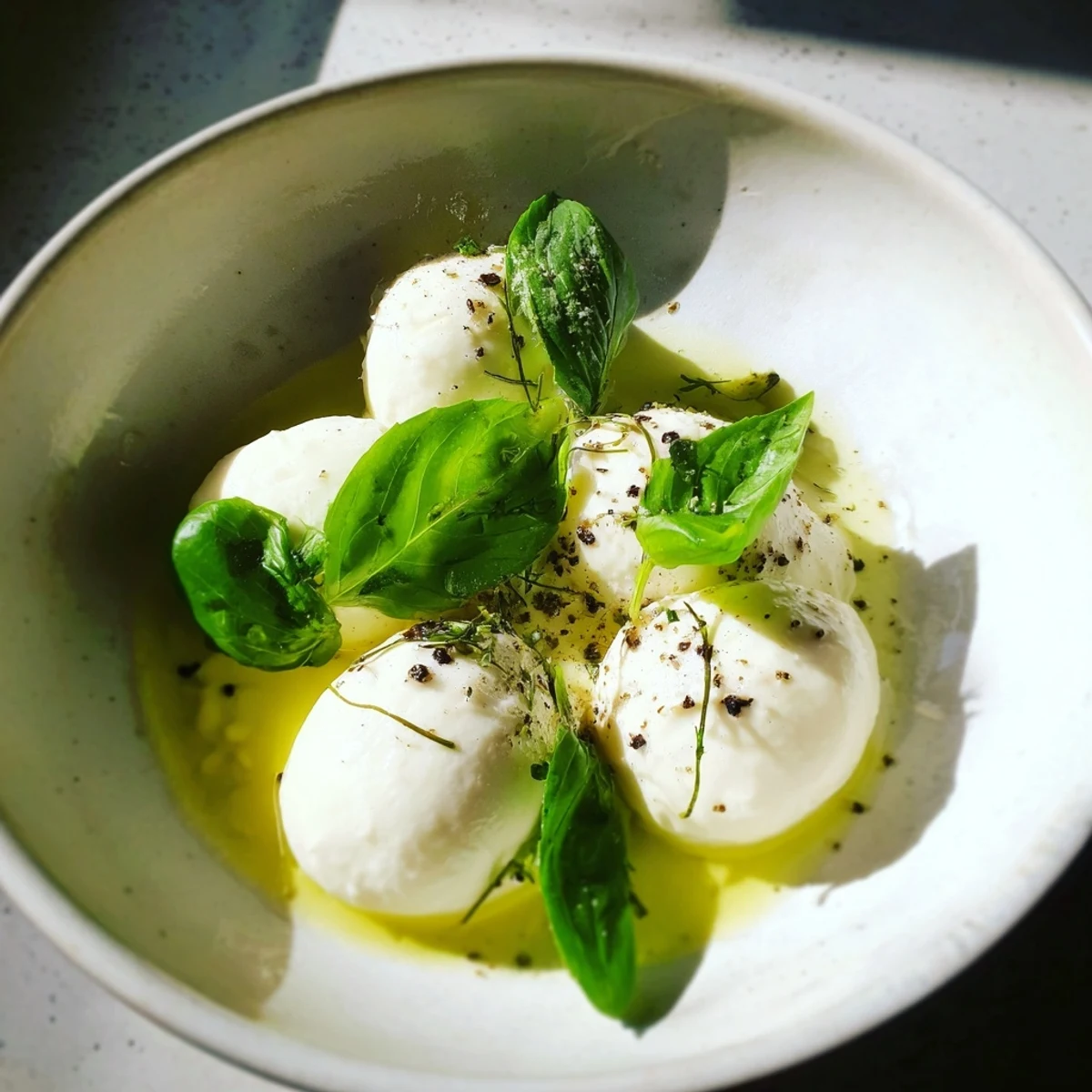 Fresh, seasoned mozzarella pearls, drizzled with olive oil, make a quick, savory snack.