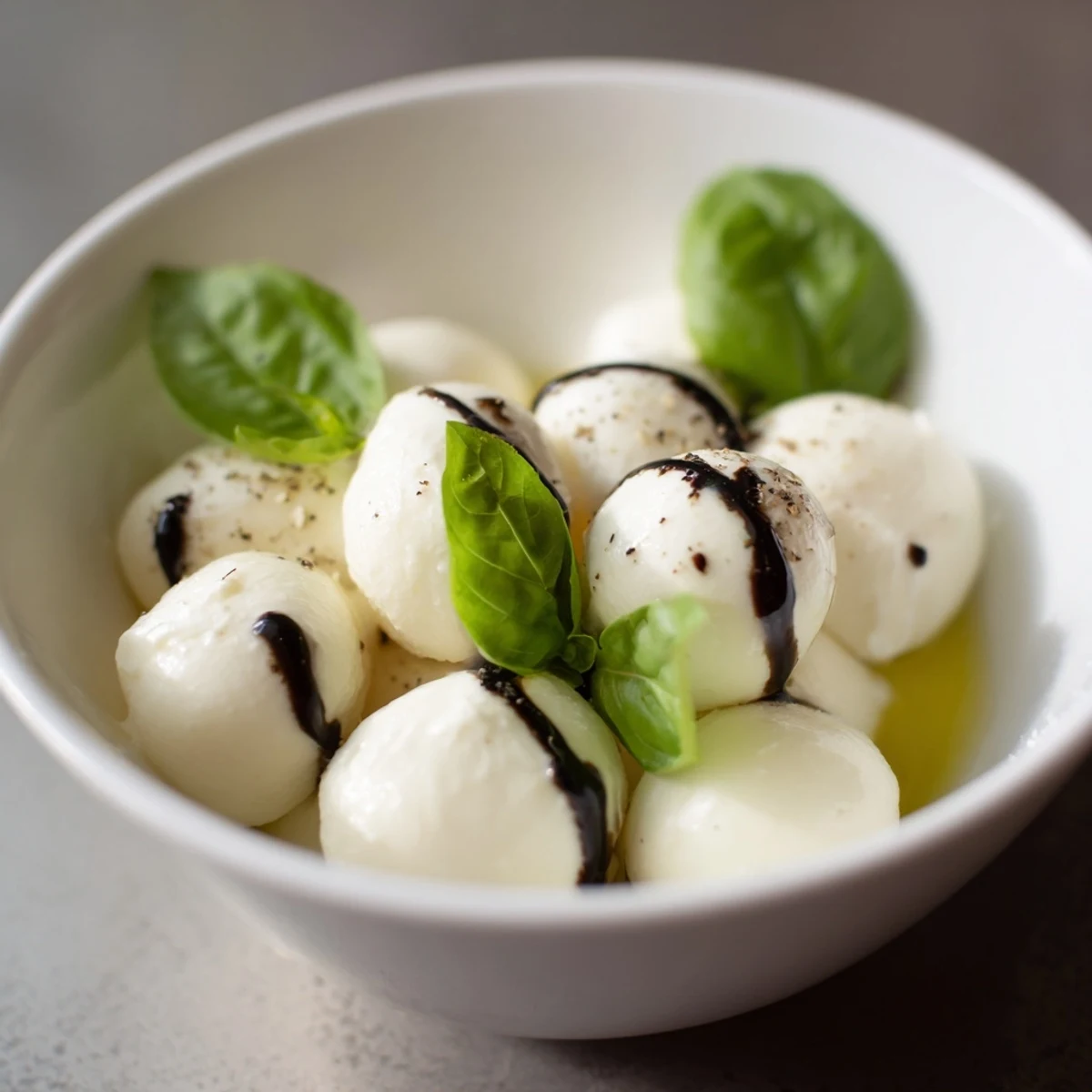 Bright, white mozzarella pearls sprinkled with spices, perfect for a light vegetarian starter.