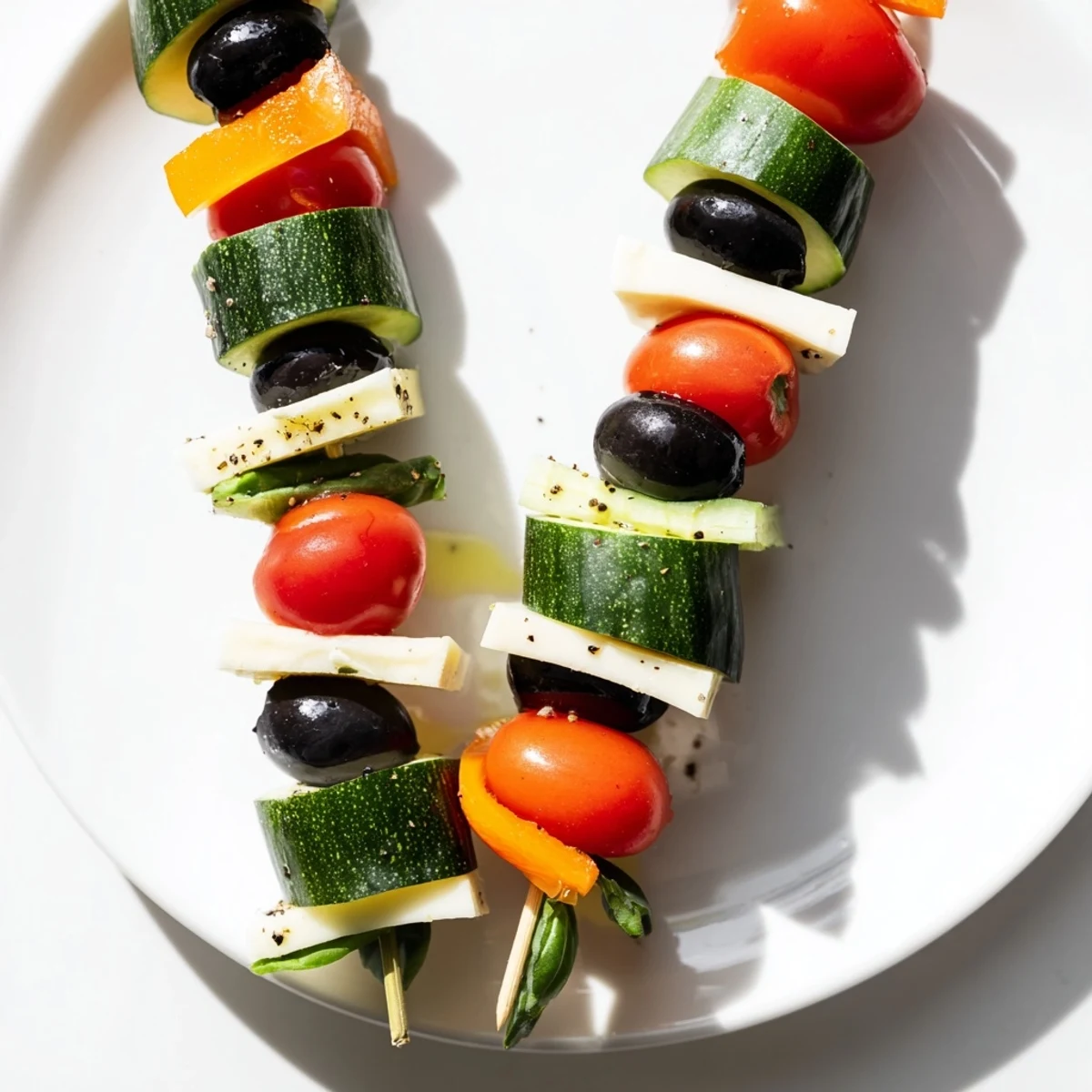 Vibrant double helix genetic code appetizer with alternating olives, tomatoes, and cheese rungs for serving.