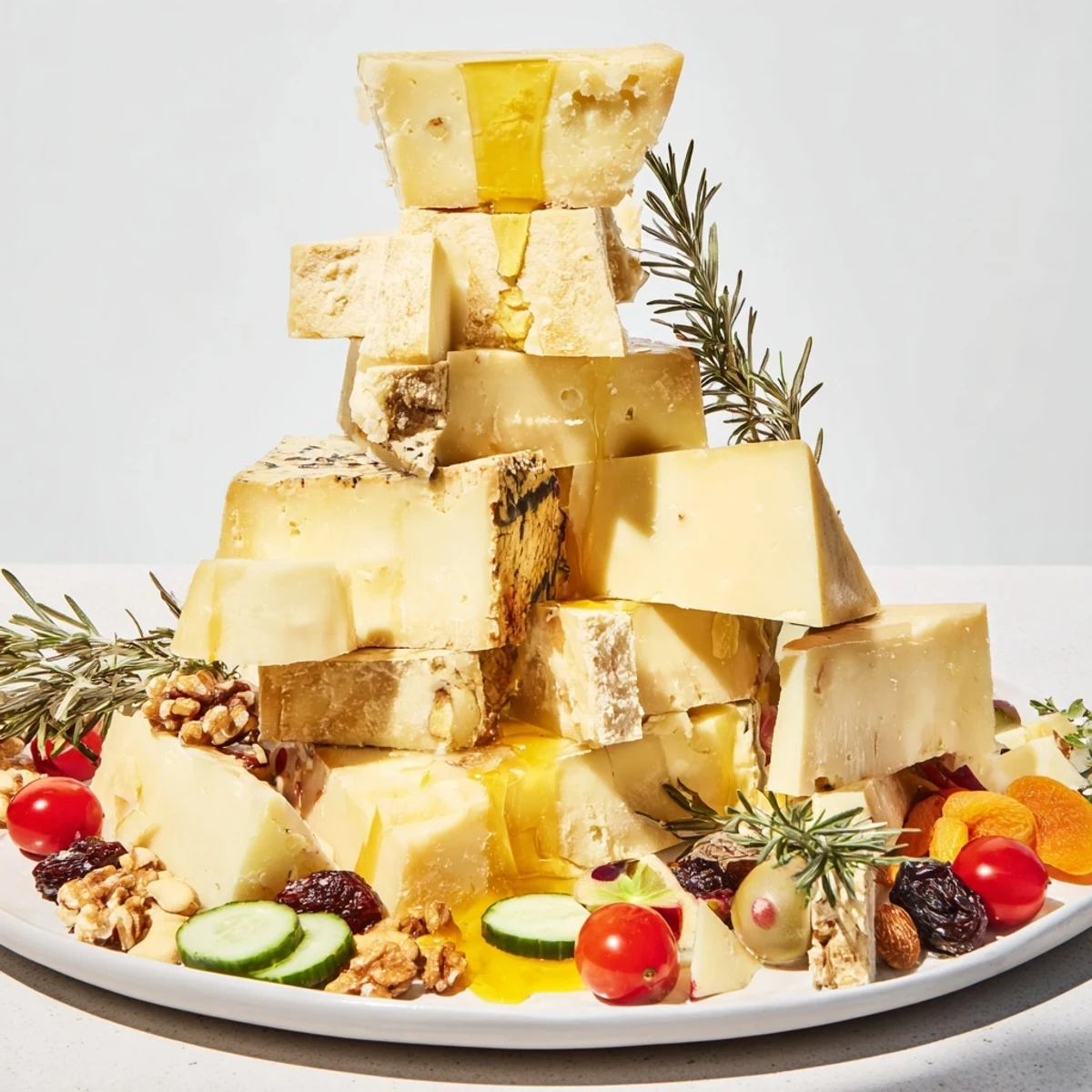 Magnificent Sculptural Cheese Landscape with towering cheese mountains and colorful, fresh fruit.