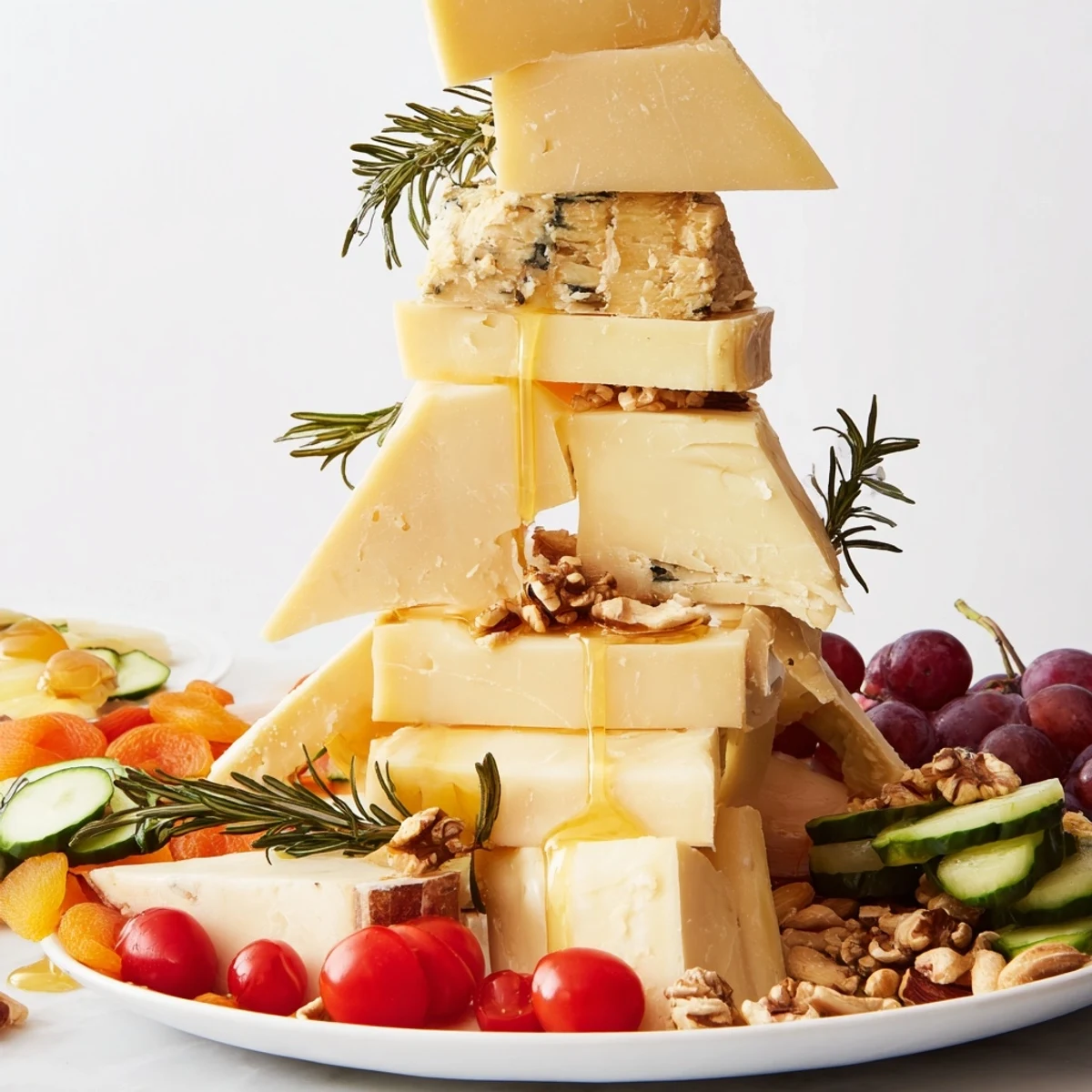 A vibrant Sculptural Cheese Landscape appetizer, ready to serve with crackers and honey drizzle.