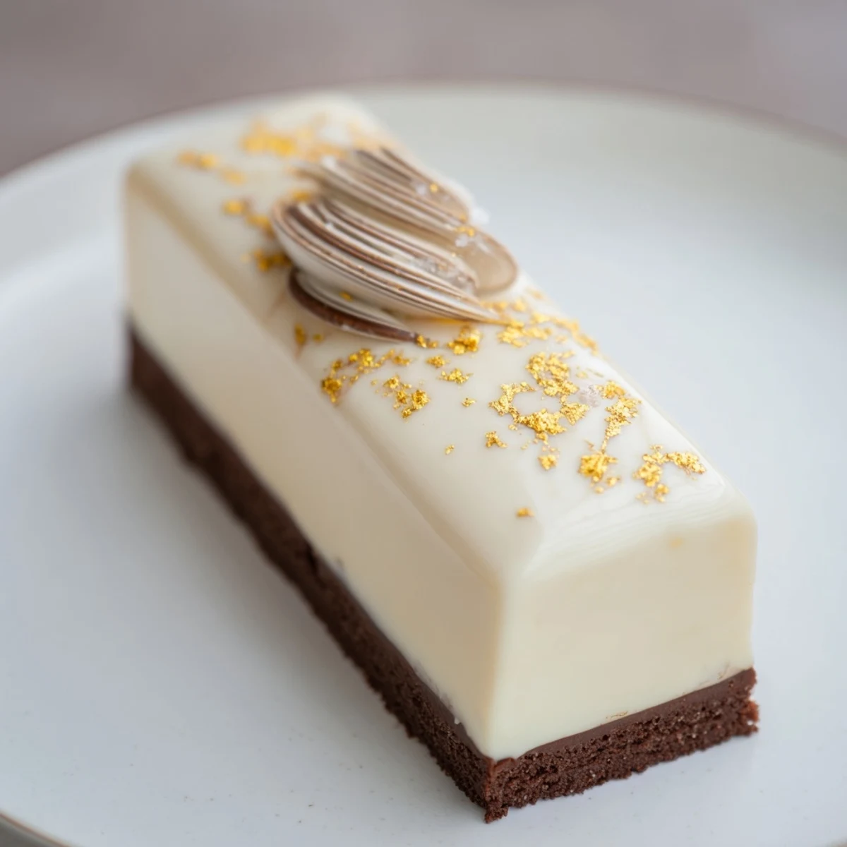 A close-up of The Golden Ratio Shell dessert, featuring a beautiful raspberry jelly spiral on top.