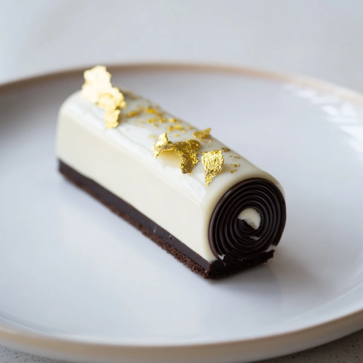 Golden Ratio Shell dessert, visually stunning, shows layers of mousse and sponge, drizzled with glaze.