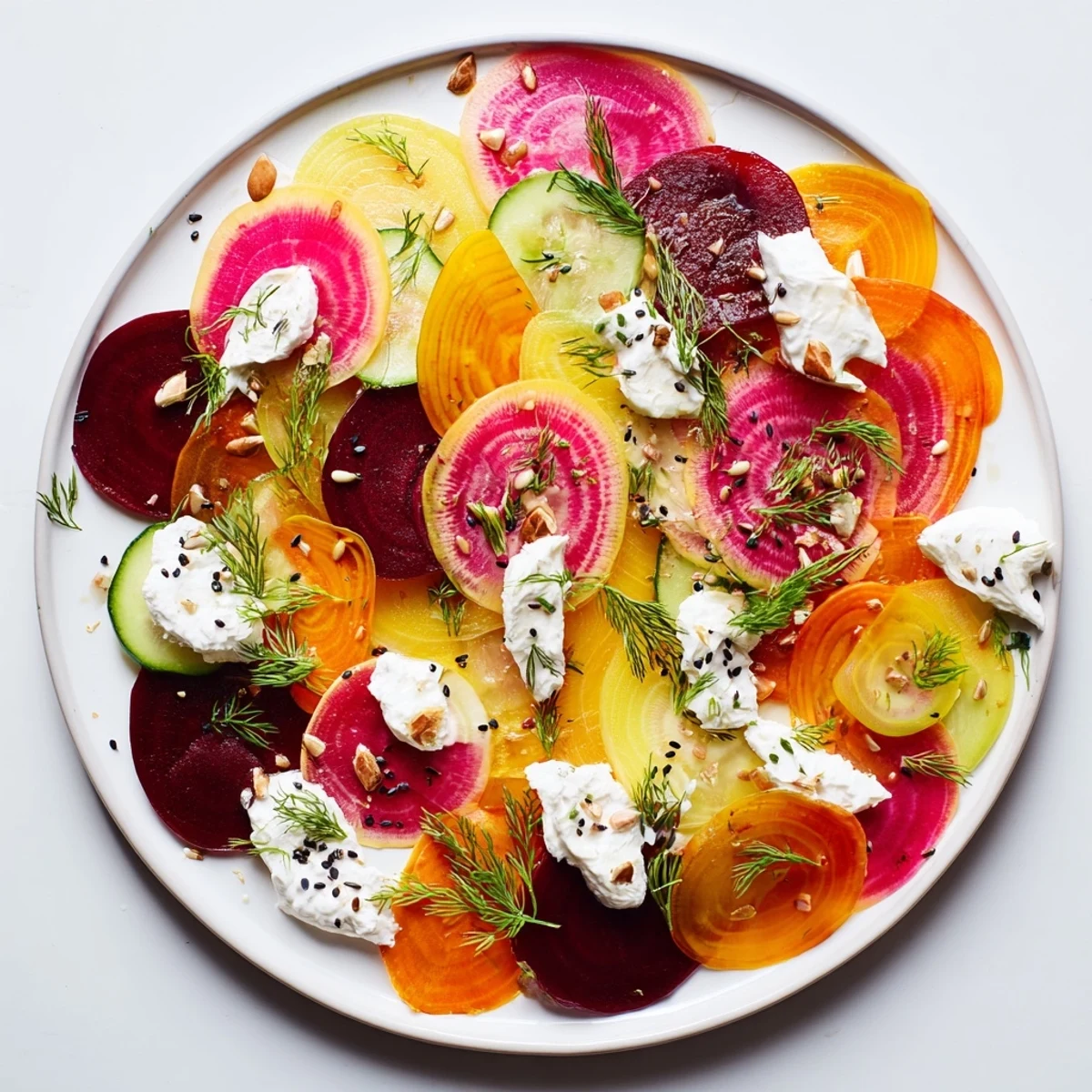 The Kinetic Motion Blur appetizer is a beautifully layered platter of colorful vegetables and creamy goat cheese.