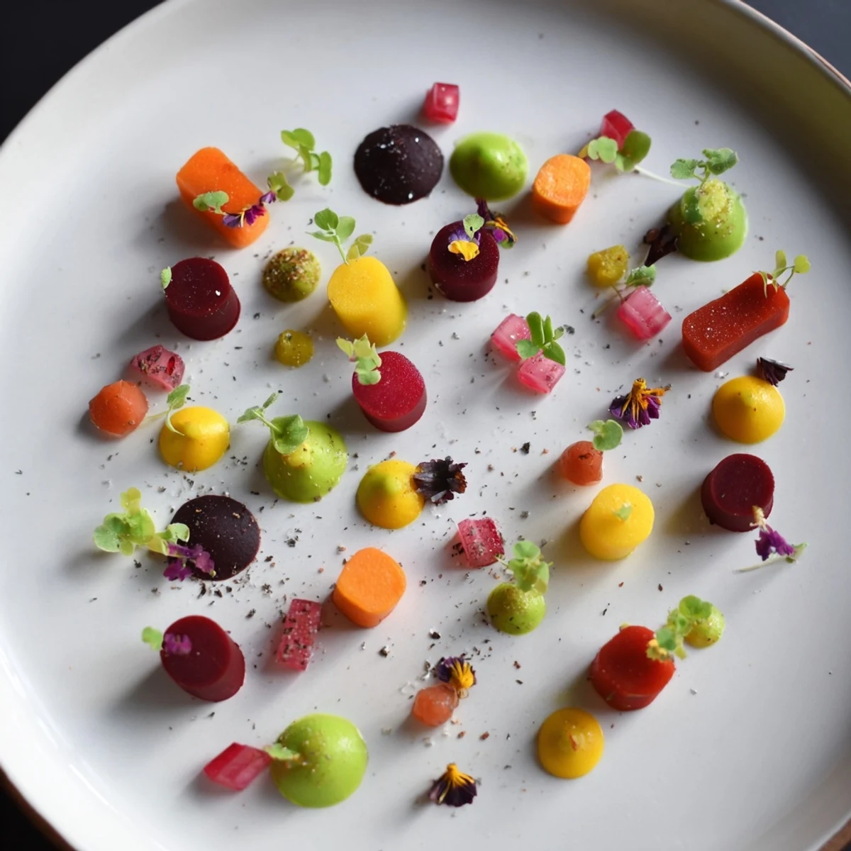 Colorful dots of vegetable purees and sauces create the artful Pointillism Dot Matrix appetizer on a white plate.