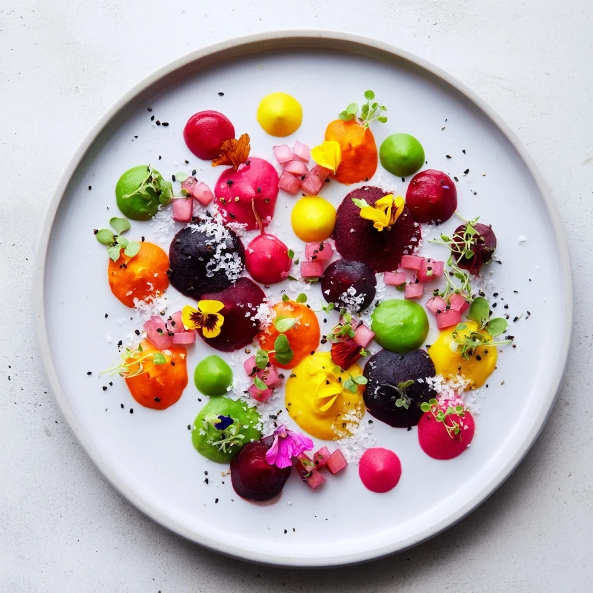 A close-up reveals the beautiful detail of the Pointillism Dot Matrix, a stunning plate of colorful flavors.