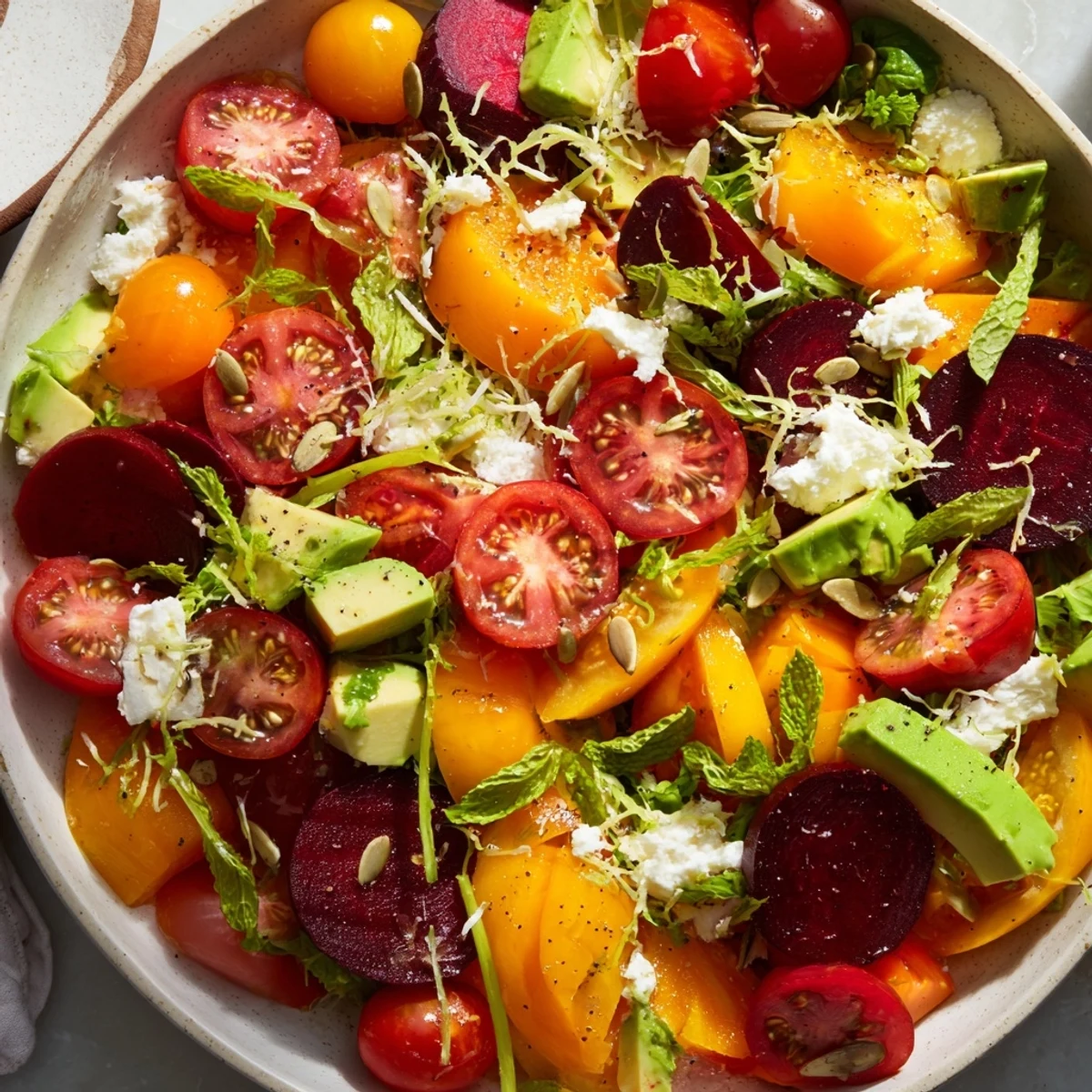 Abstract Expressionist Splash salad boasts vibrant colors and textures, ready to be tossed and enjoyed.