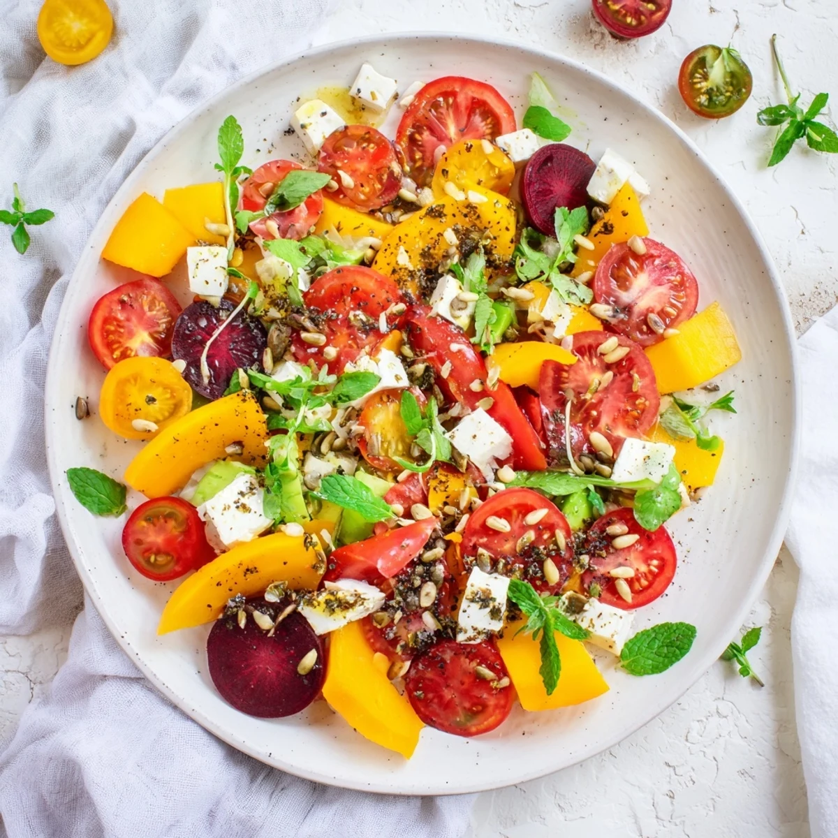 This Abstract Expressionist Splash salad showcases a chaotic mix of colorful veggies, fruits, and creamy feta cheese.