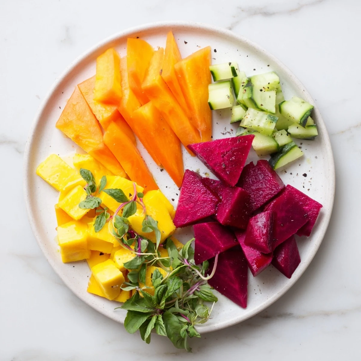 Vibrant, geometric The Cubist Deconstruction appetizer, artfully arranged with colorful vegetables and creamy feta cheese.
