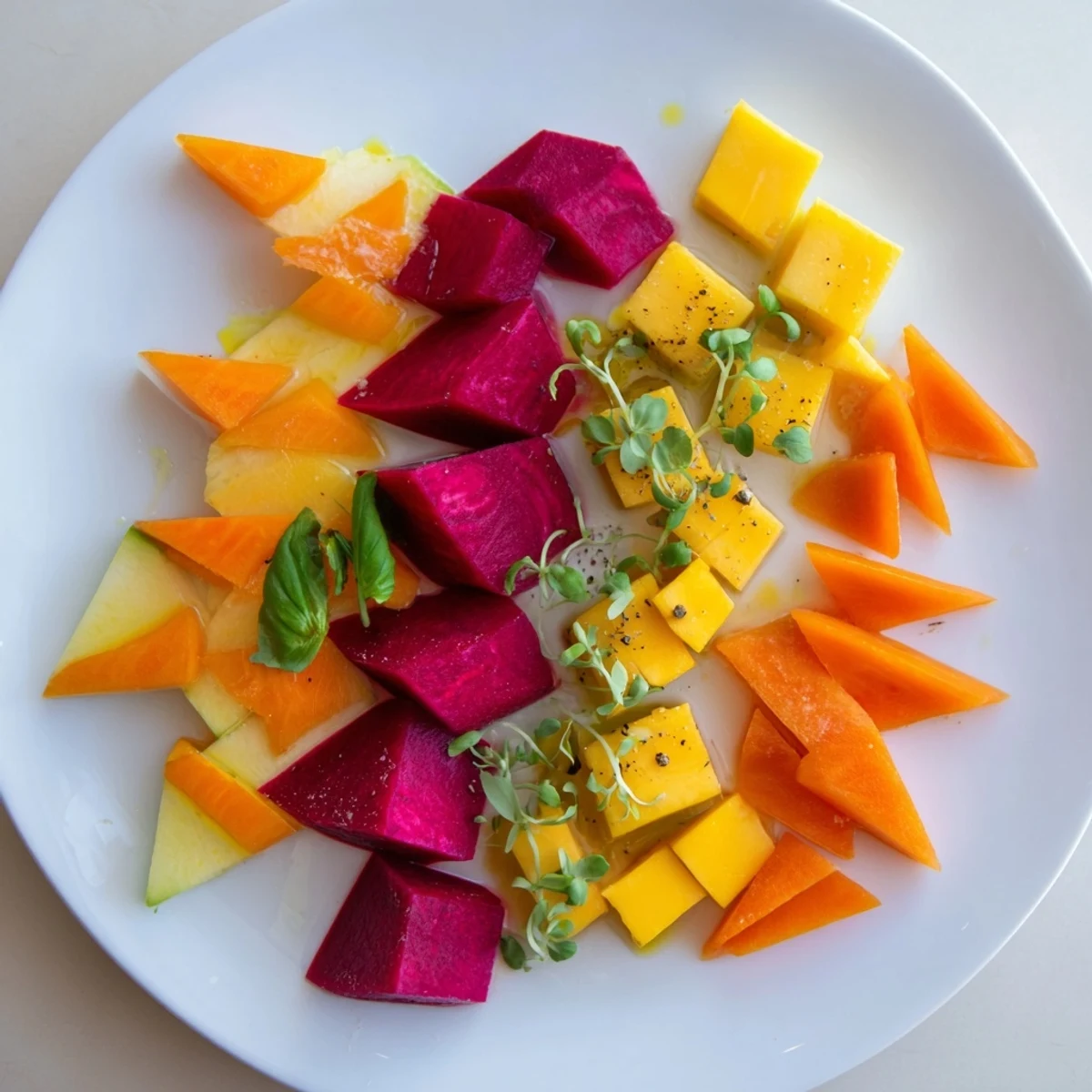 Modern and beautiful, this The Cubist Deconstruction features fresh, colorful ingredients drizzled with olive oil and lemon.