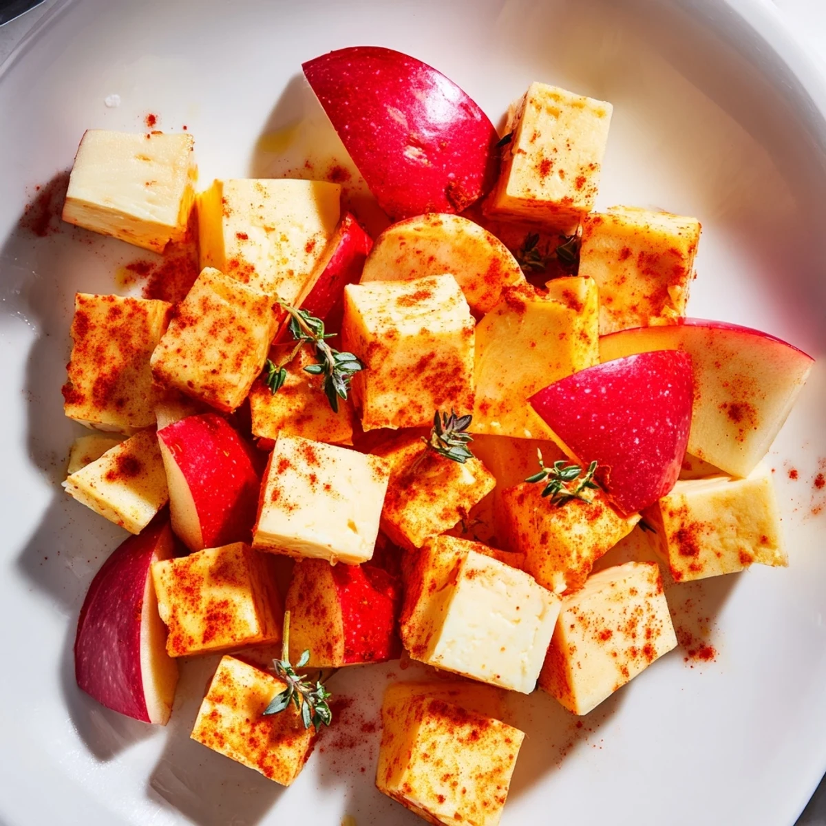 Vibrant The Autumn Ember appetizer: cheese cubes dusted with paprika, red apple wedges like glowing embers.