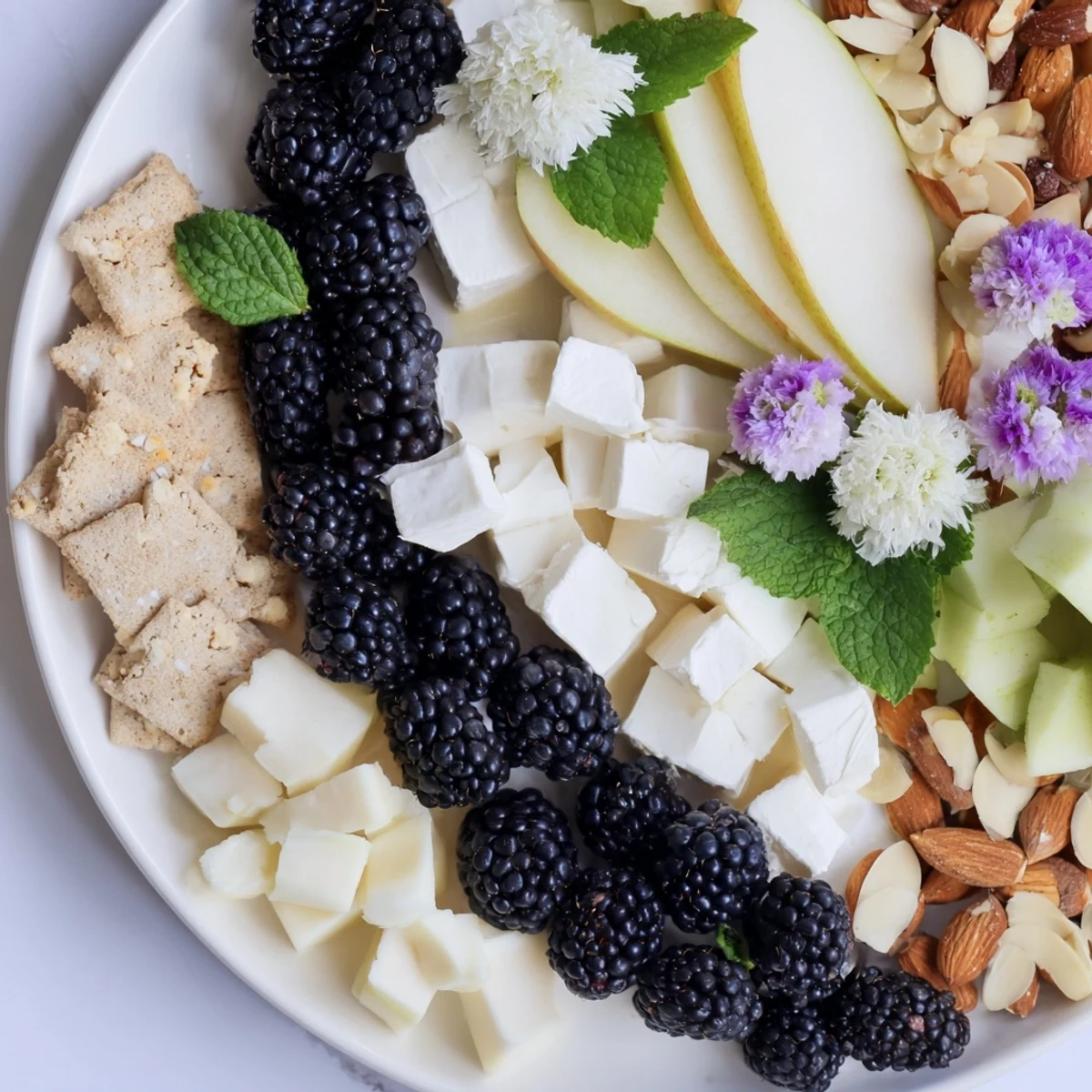 A beautiful Yin-Yang Balance appetizer board with dark plums, blue cheese, and roasted nuts offers varied tastes.