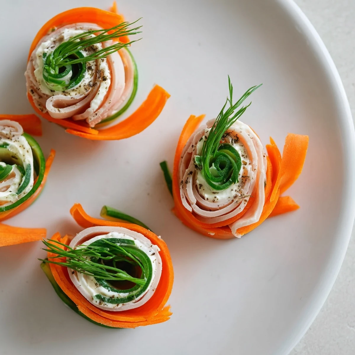 Delicate "Ribbon Dancer" appetizer showcasing spiraled carrot and cucumber around savory turkey, ready to enjoy.