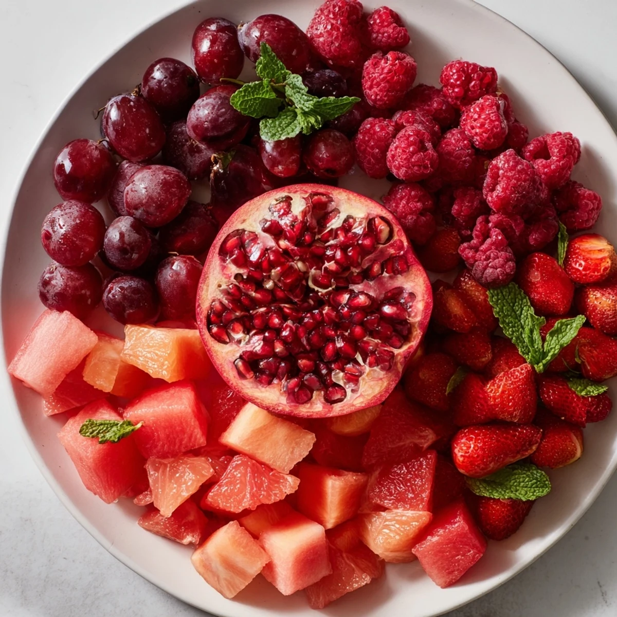 Vibrant pomegranate pivot fruit platter featuring a juicy halved pomegranate as a colorful centerpiece.