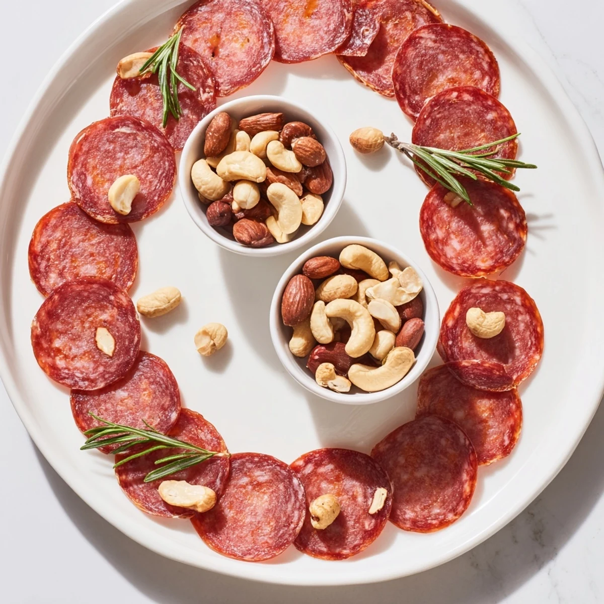 The Infinity Loop appetizer features an artistic figure-eight of salami encircling nutty bowls on a board.
