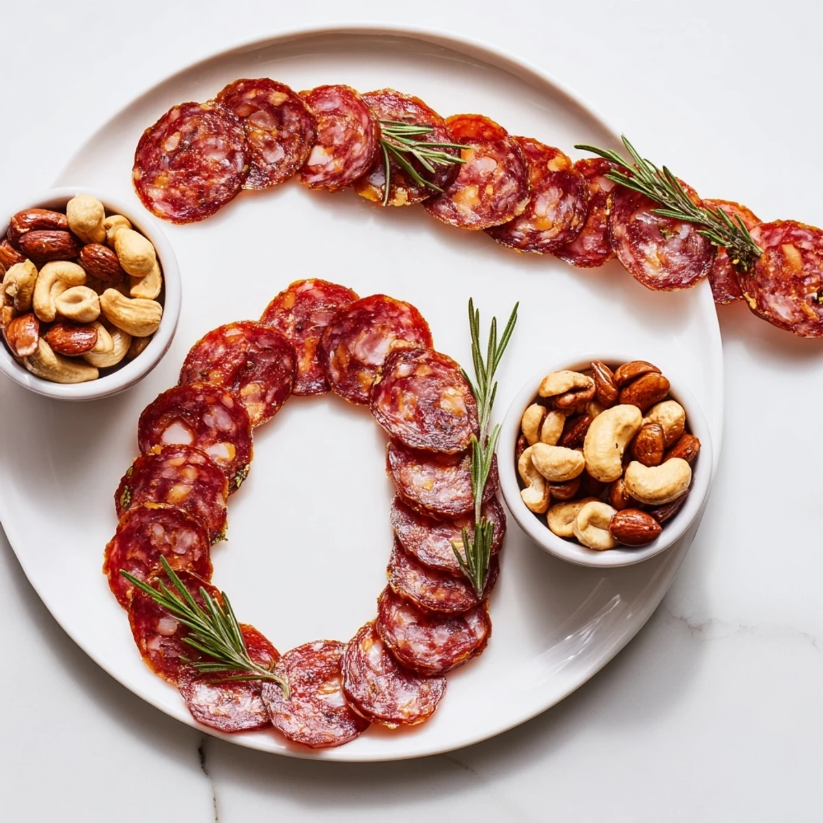Visually stunning The Infinity Loop appetizer with salami expertly looped around mixed nuts.