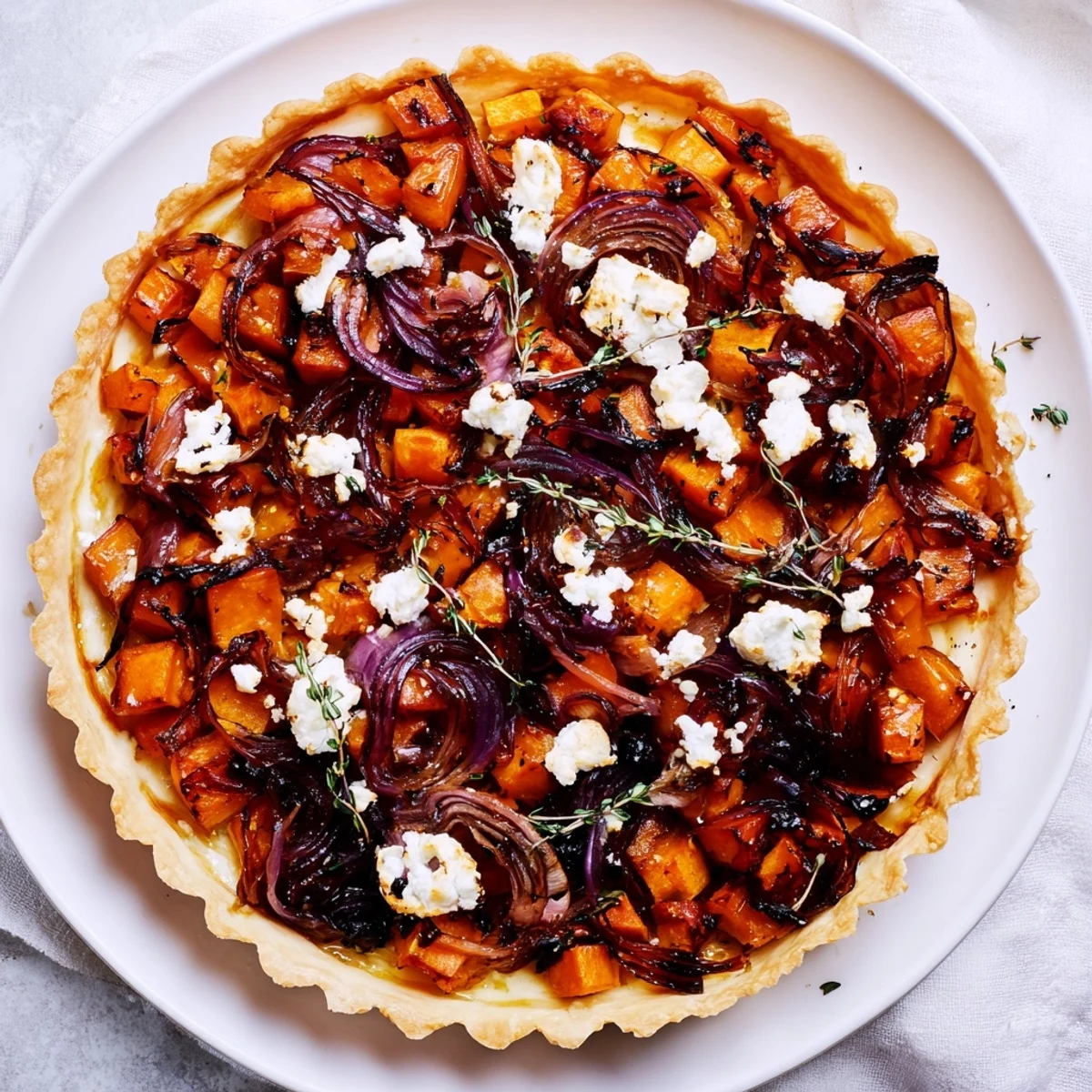 This Feuilles d'Érable Tartes Salées d'Automne features a flaky crust filled with caramelized onions and goat cheese.