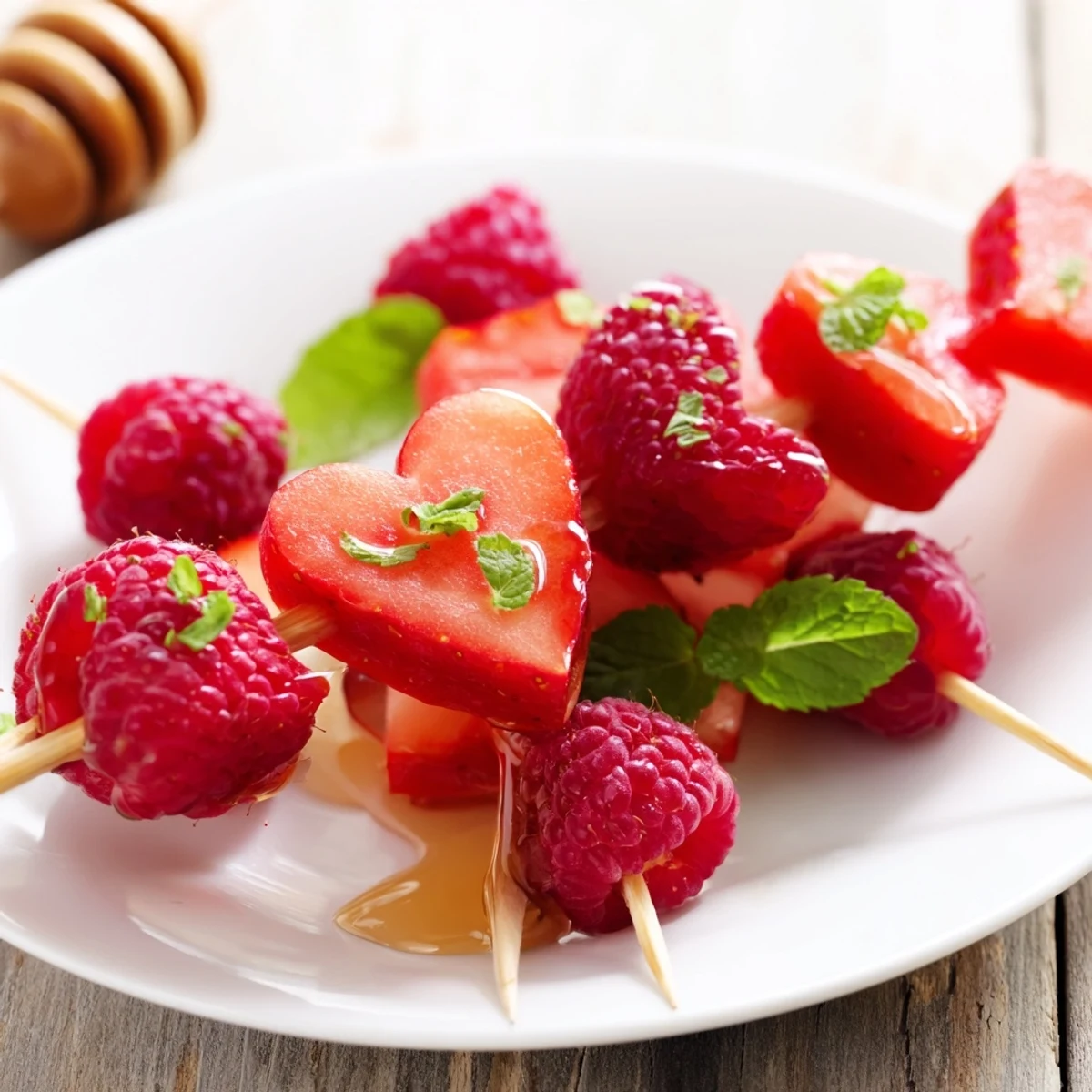 Vibrant red heart fruit skewers, a refreshing dessert, perfect for Valentine's or parties.