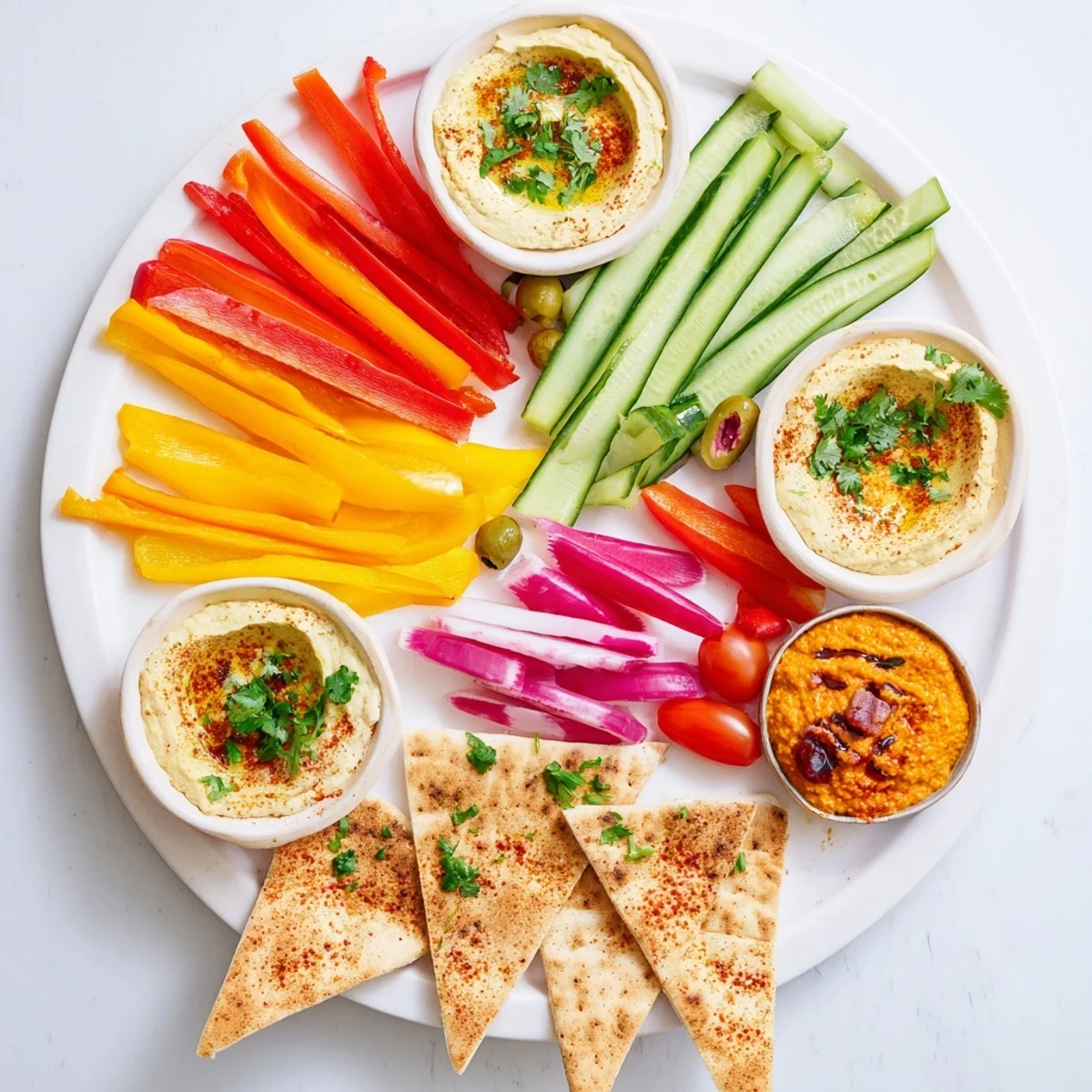 Moroccan Tent appetizer platter: Colorful vegetables and spiced dips create an artistic, edible tent shape.