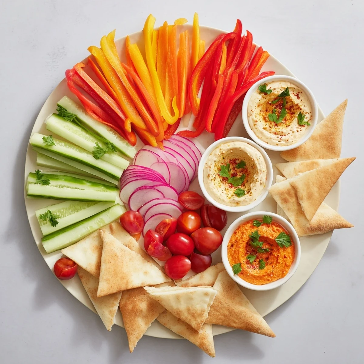 The Moroccan Tent: A beautiful party platter showcasing fresh veggies, hummus, and flavorful flatbread for dipping.