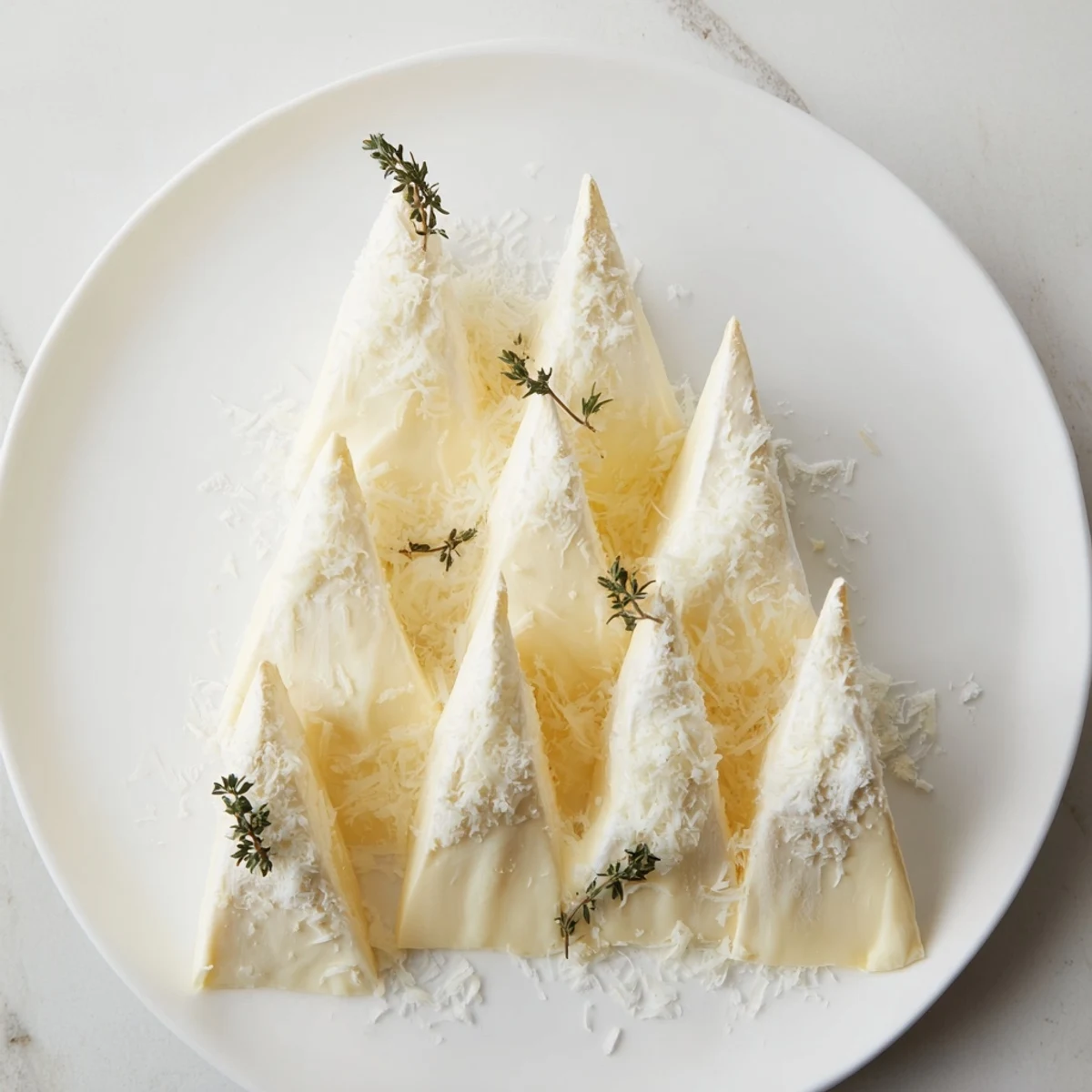 Creamy Brie wedges of Snowcapped Range appetizer dusted with Parmesan, ready to serve with crackers.