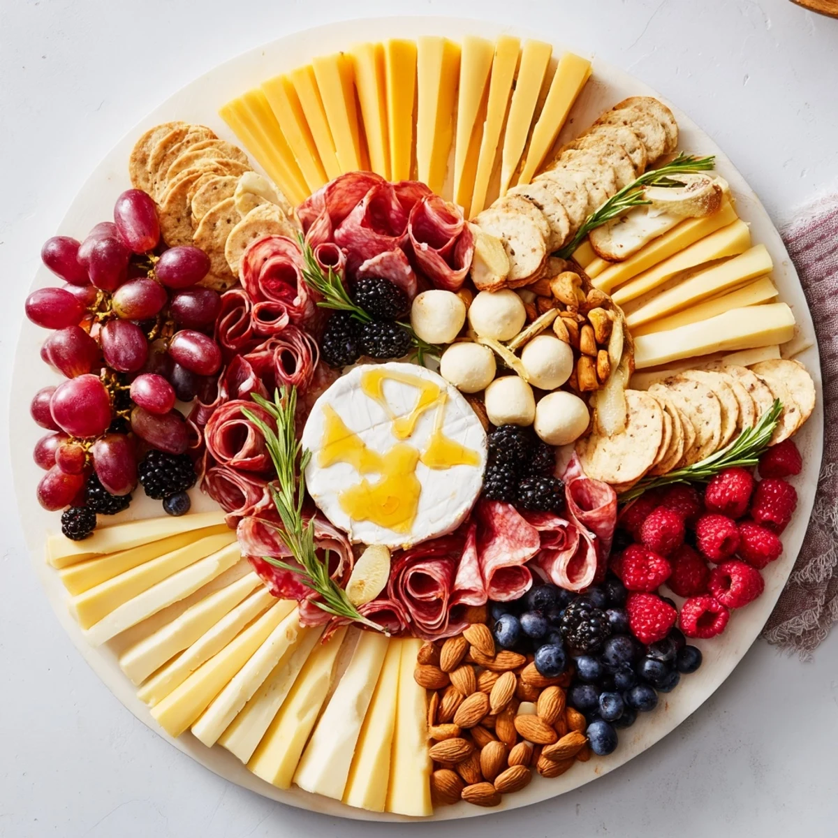 The Ouroboros Circle appetizer platter, with fanned crackers, goat cheese, and fresh berry accents.