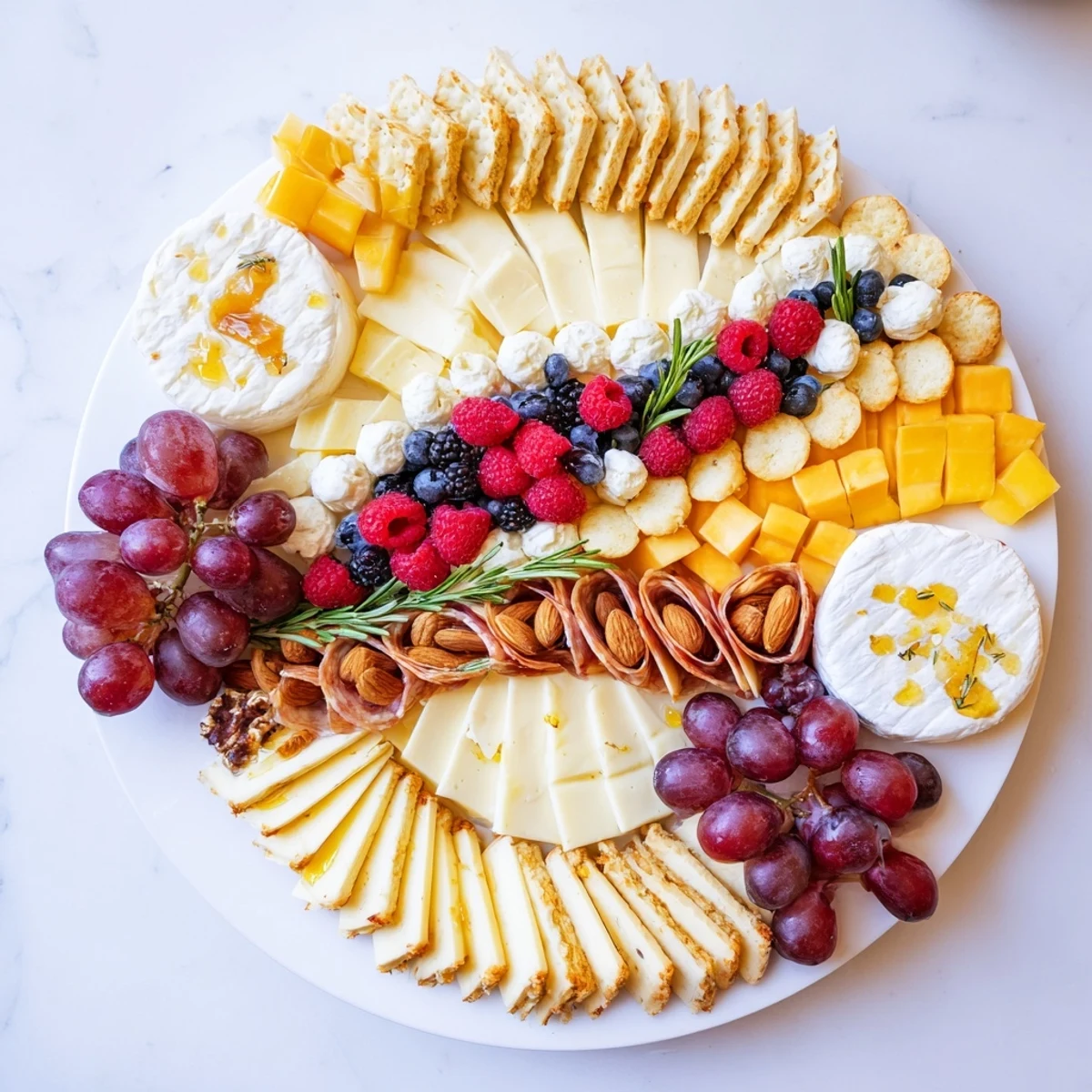 Elegant Ouroboros Circle party platter: creamy brie, prosciutto, and honey-drizzled goat cheese mingling.