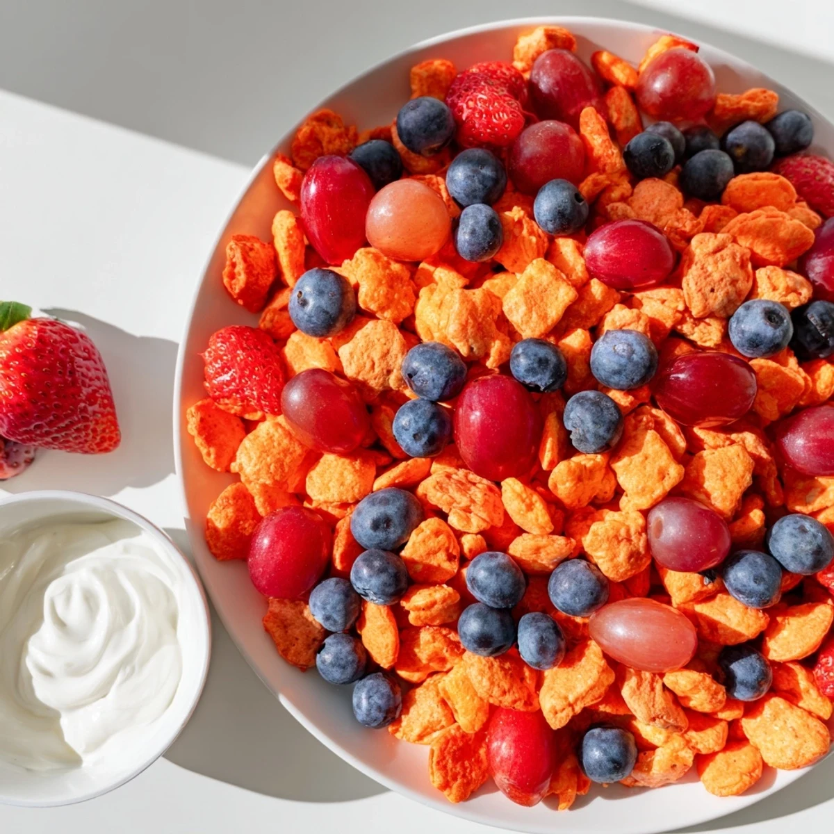 Rainbow Goldfish crackers spilling onto a platter, mixed with vibrant fruit and creamy yogurt dip.
