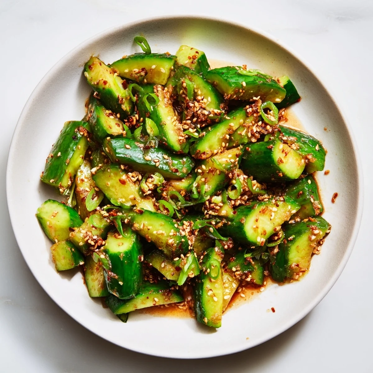 Vibrant Cucumber Shaker salad featuring crispy cucumbers coated in umami-rich rice vinegar dressing.